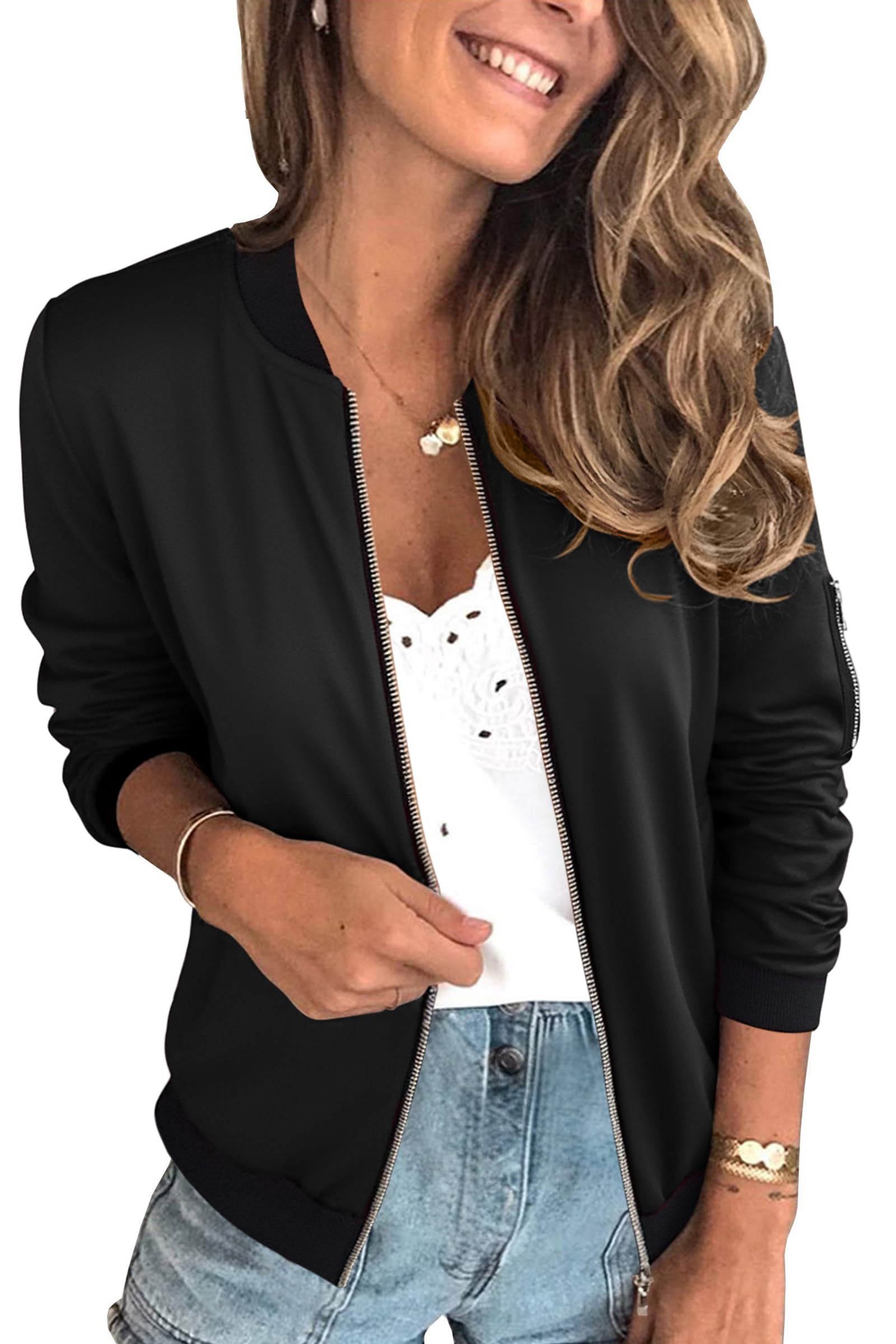ECOWISH Damen Casual Jacke Blumenmuster Langarm Bomberjacke Reißverschluss Stehkragen Outwear Kurz Coat Herbst Frühling