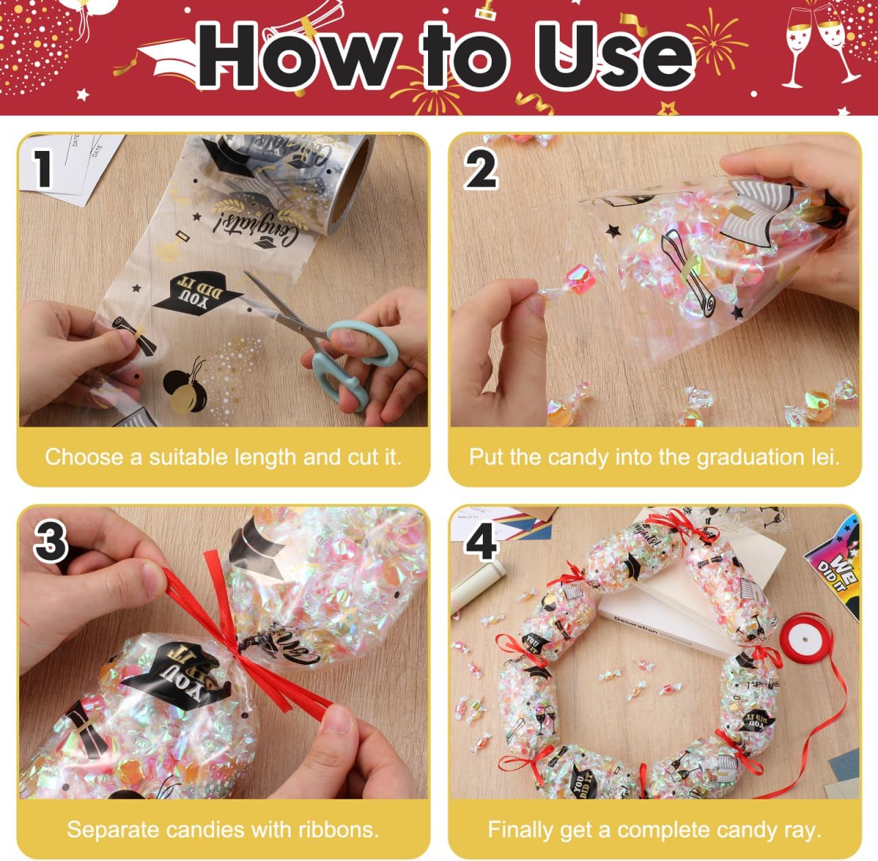 2026 Graduation Candy Leis Kit, 98 ft Tubing with 2 Ribbons, Congrat Grads DIY Necklace Making Supplies Scissors for Class of 2026-5.3" Wide for Snacks and Money Leis