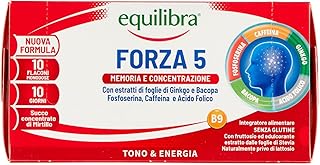 Equilibra Integratori Alimentari, Forza 5, Integratore con Estratti di Foglie Ginkgo e Bacopa, Fosfoserina, Caffeina e Acido Folico, Gusto Cola, con Succo Concentrato di Mirtillo, 10 Flaconcini