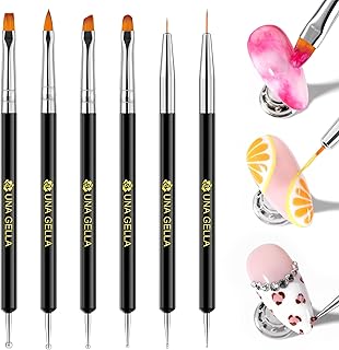 UNA GELLA Nail Art Brushes Set 6PCS Black Color Double-ended Acrylic Nail Design Brush Set Nail Dotting Tools Nail Art Gel Polish Liner Brushes for Gel Polish Painting DIY Nail Salon