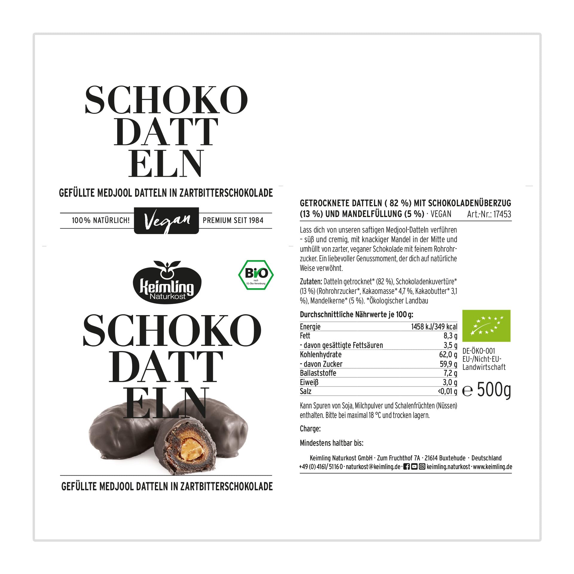 Bio Medjool Schokodatteln mit Mandel 500g I Dattelpralinen in Rohkostqualität I Dattelschokolade ohne Zuckerzusatz I Schokolade mit Datteln gesüßt I Datteln mit Schokolade von Keimling