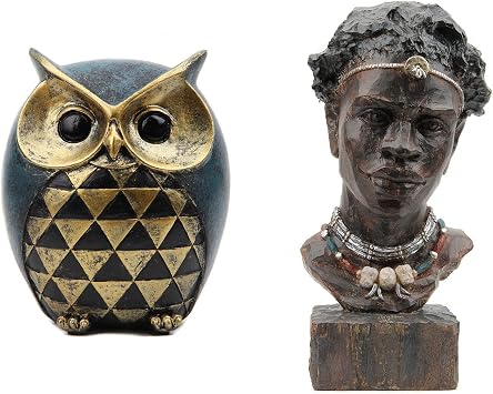 Leekung Owl Statue Figurines & African Men Statues Bundle