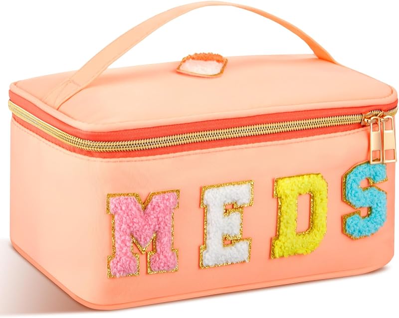 Necessaire transparente Geetery com zíper, alça e letras chenille MEDS, laranja