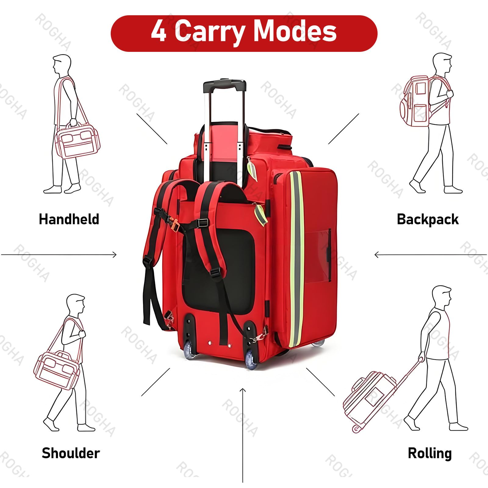 Bolsa médica con Ruedas, botiquín de Primeros Auxilios, Caja de Emergencia Desmontable con Varilla de tracción, con Compartimentos y Tiras Reflectantes, para técnicos de emergencias médicas Red