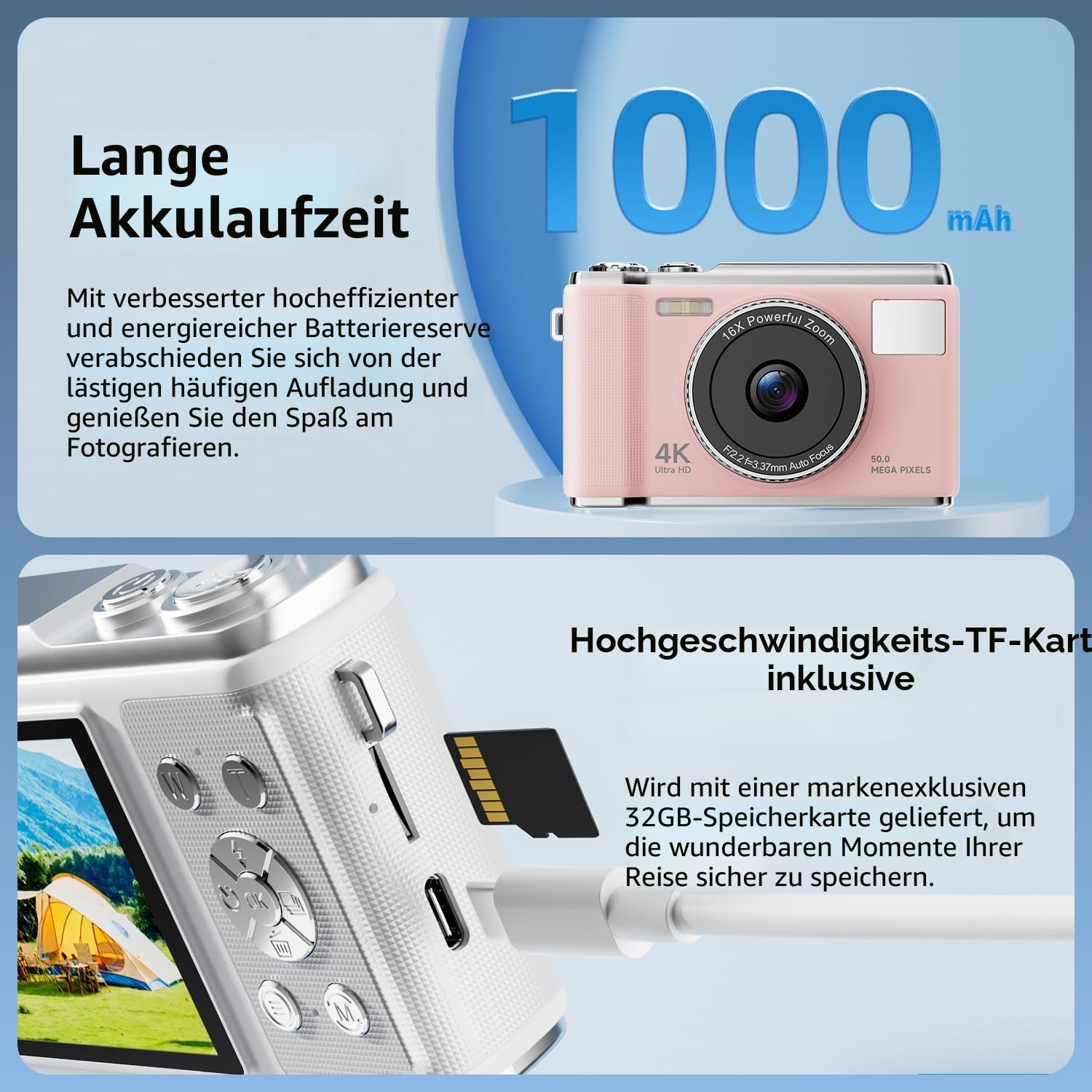 Digitalkamera, Verbesserte UHD 4K 50MP Kamera Fotoappara, 16X Digitalzoom, AF-Fokus, 2,83-Zoll-Bildschirm, Aroßer Akku, Retro Tragbare Vlog Kamera für Kinder Student Anfänger (Rosa)
