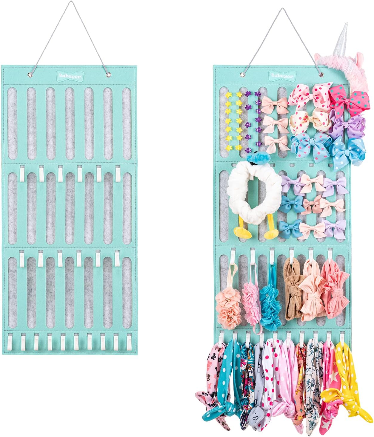BABEYERBows Holder Headbands Organizer for Baby Girls, Hair Bow Holder Organizer with Hooks for Baby Girls Room Decor, Aqua