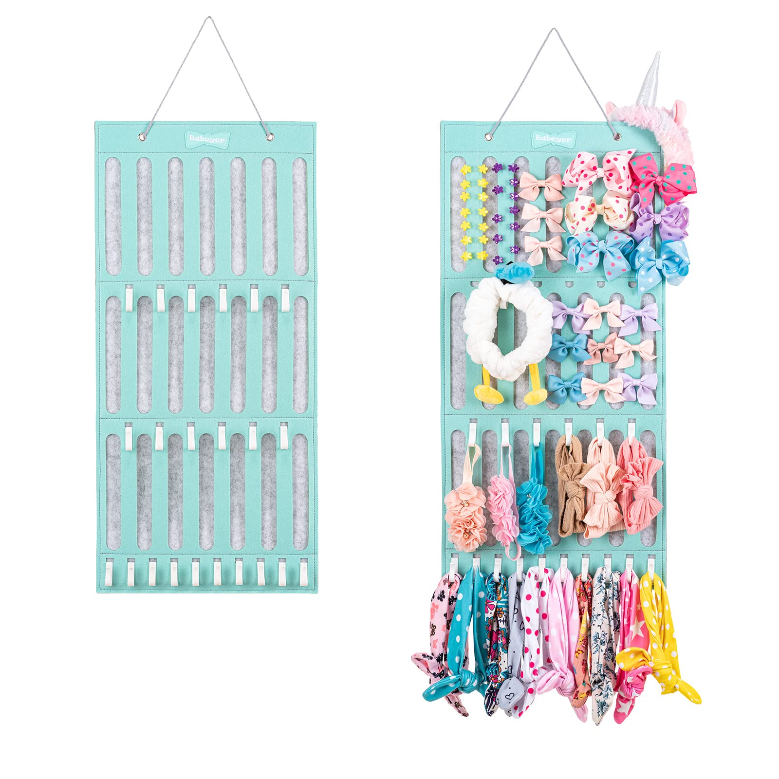 BABEYERBows Holder Headbands Organizer for Baby Girls, Hair Bow Holder Organizer with Hooks for Baby Girls Room Decor, Aqua