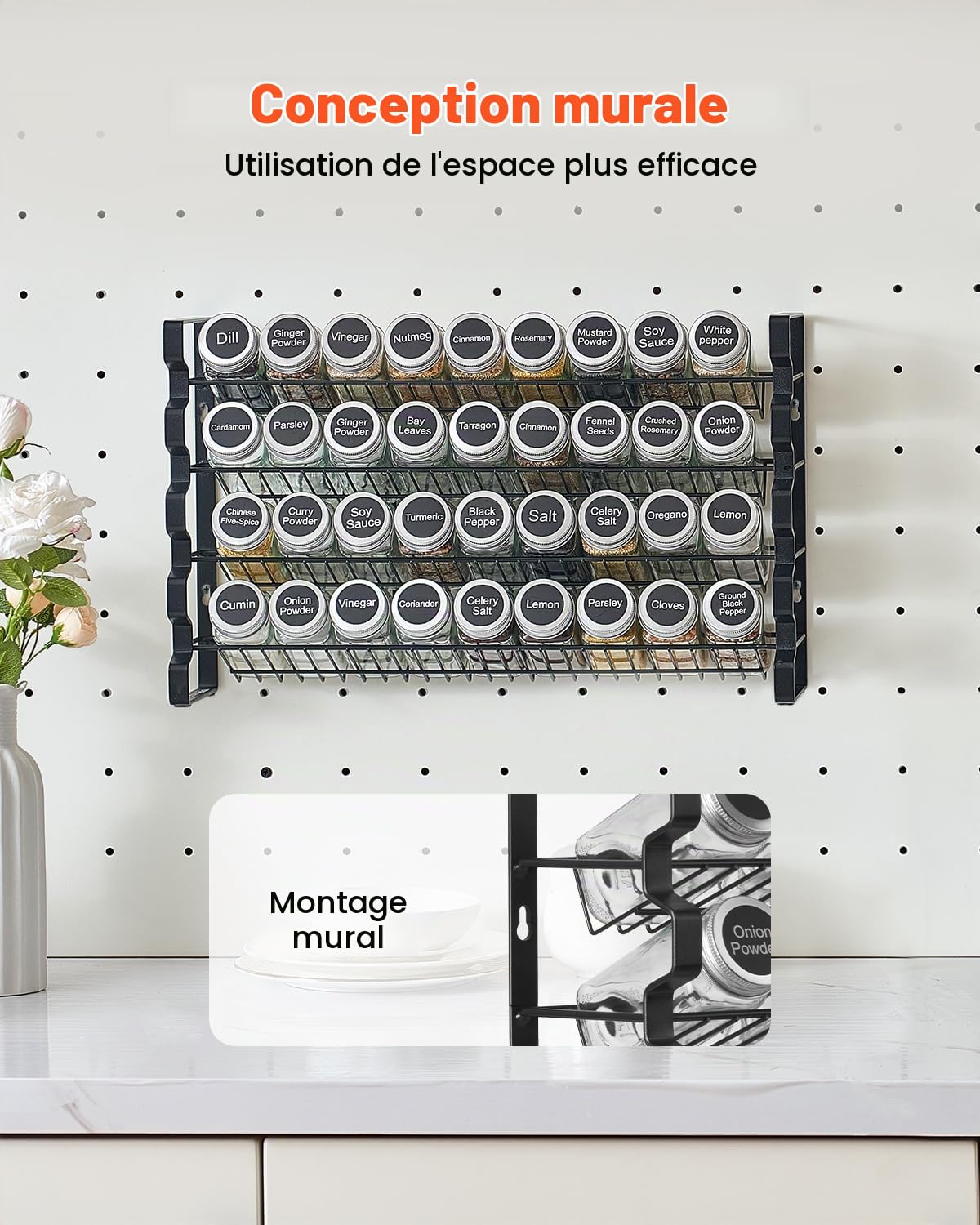 VEVOR Étagère à épices pour armoire, avec 36 pots à épices vides, couvercles, étiquettes et entonnoir, ensemble complet, organiseur d'assaisonnement pour comptoir, cuisine, garde-manger, placard, noir