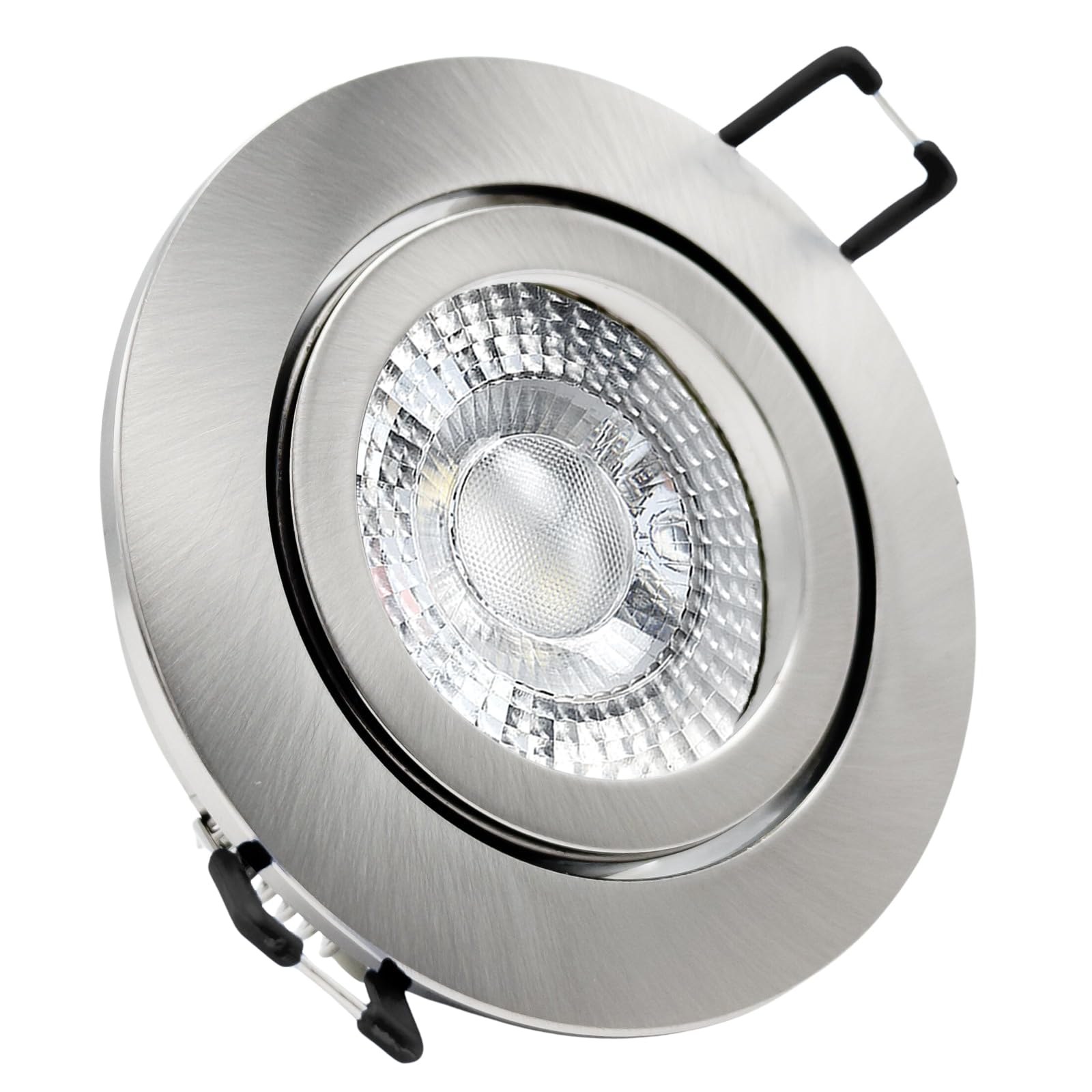 trendlights24 Premio-C LED Einbaustrahler Edelstahl 5x Set 7W dimmbar 230V | Decken Einbauleuchte, Edelstahl Optik, rund, LED Spots, GU10, 50°, Warmweiß, 3000K, austauschbar, Deckenspots, schwenkbar