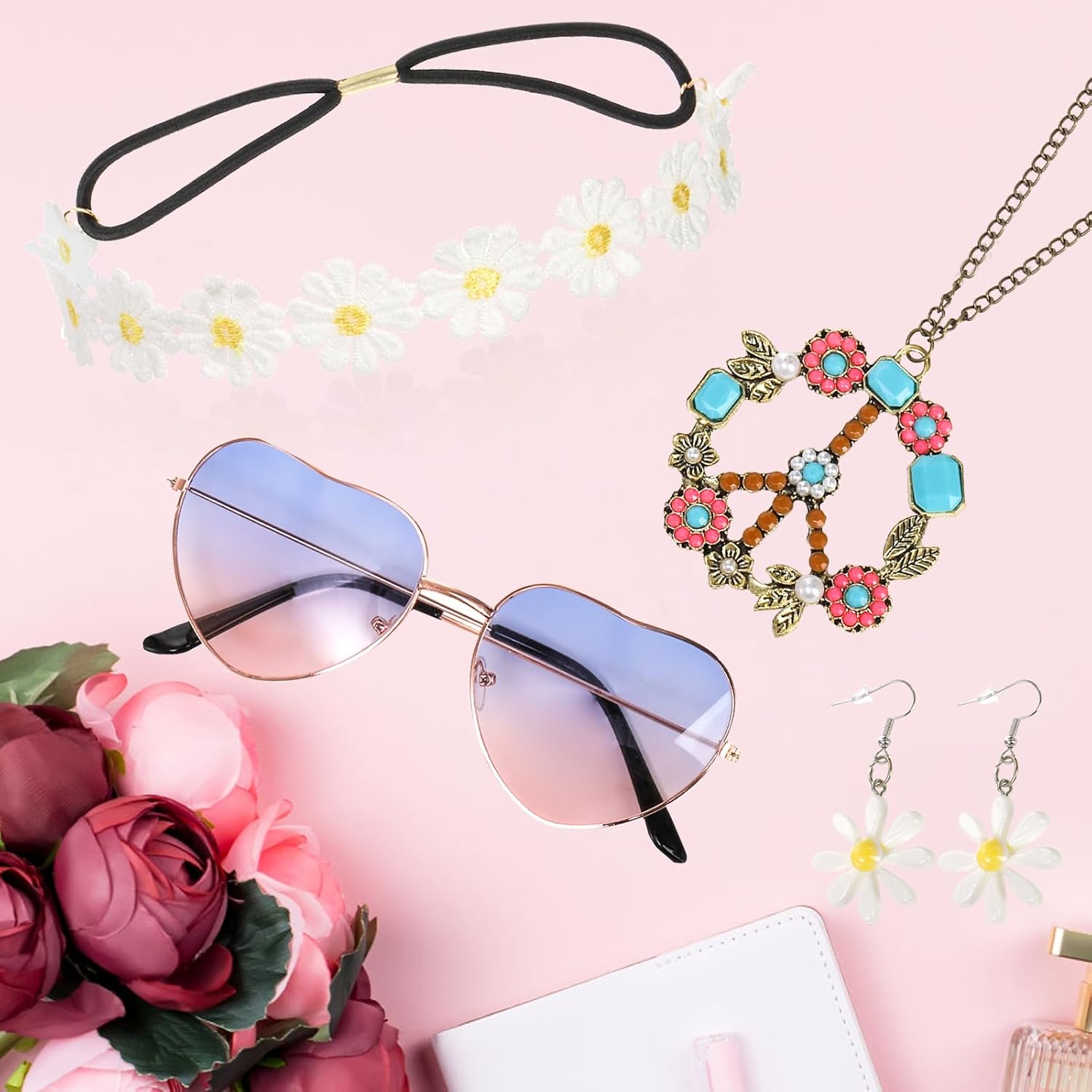Dicunoy 5 PCS Hippie Costume Accessories, 70s Hippie Costume Set, Daisy Flower Headband and Earrings, Sunglasses, Peace Sign Pendant Necklace Jewelry for 60s 70s Theme Groovy Party - Image 4