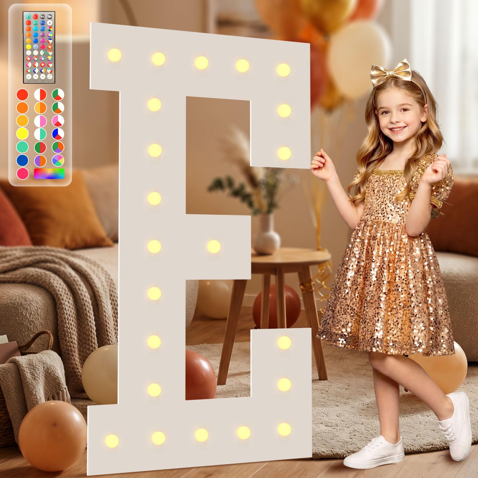 4FT Marquee Light Up Letters, 34 Colors Changing Marquee Letters E with Remote,Weighted Water Bag, Pre-Cut Foam Board Set Can Be Used for Birthday Party Grad Prom Party Decoration Wedding Event Baby