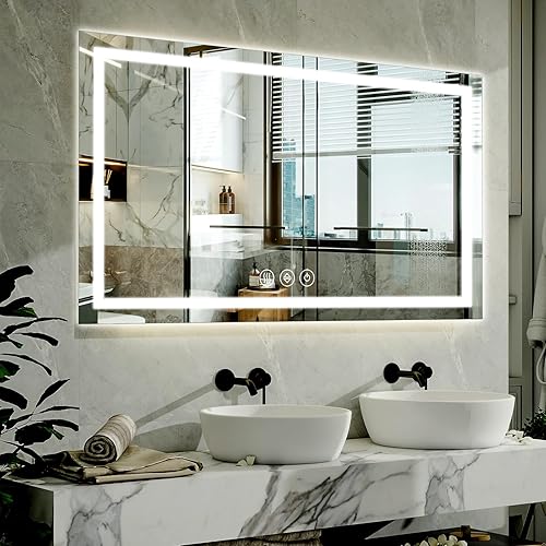 40"x 60"LED Bathroom Mirror, Backlit + Front Lit, LED Bathroom Mirror with Lights for Wall, 3 Colors, Anti-Fog, Dimmable Brightness, Tempered Glass