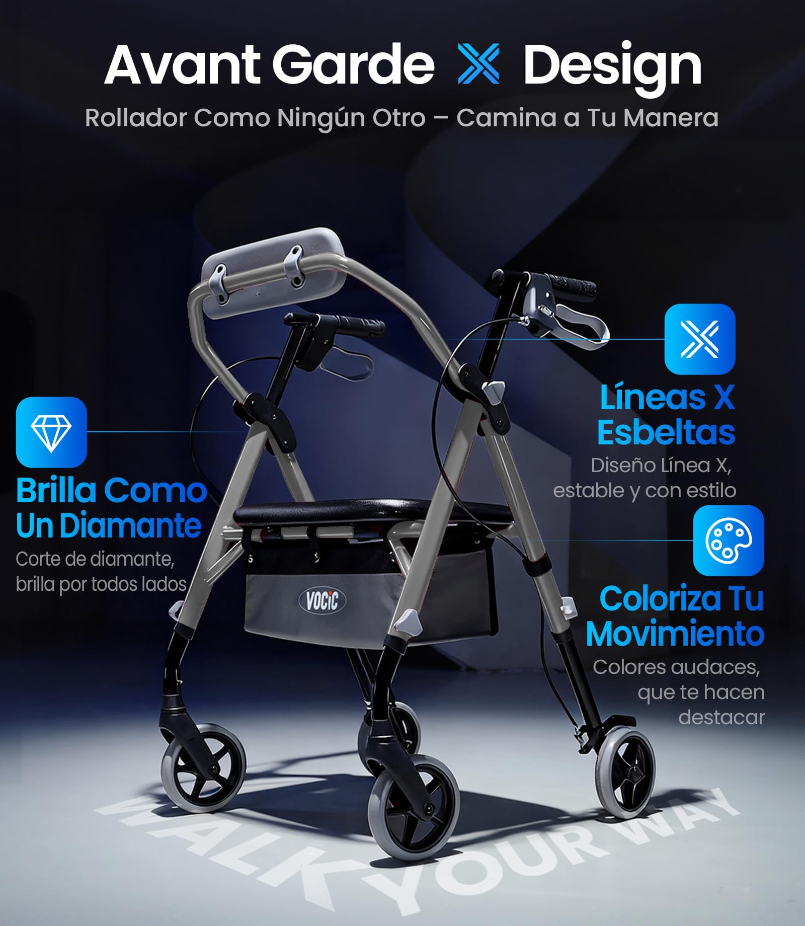 VOCIC Andador plegable ligero con asiento, 6,3kg Ultraligero, Max 150 kg | andador para ancianos con ruedas, asiento ergonómico, altura regulable, Walker estrecho para apartamento & viajes, plateado