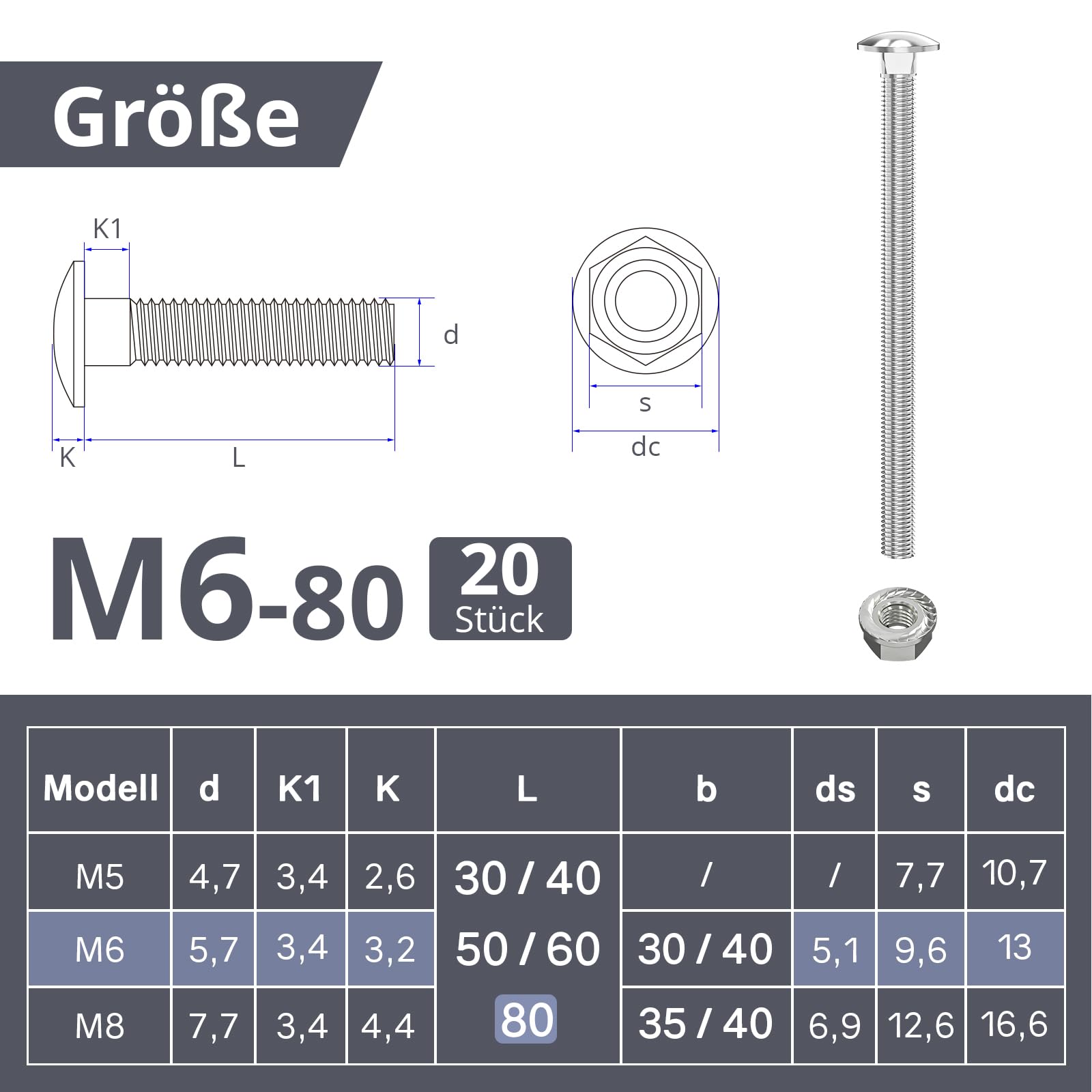 ORTAVA Śruby zamkowe M6 × 80 ocynkowane DIN 603 (20 sztuk), z sześciokątną nakrętką kołnierzową, ze stali węglowej, półokrągła głowica czworokątna