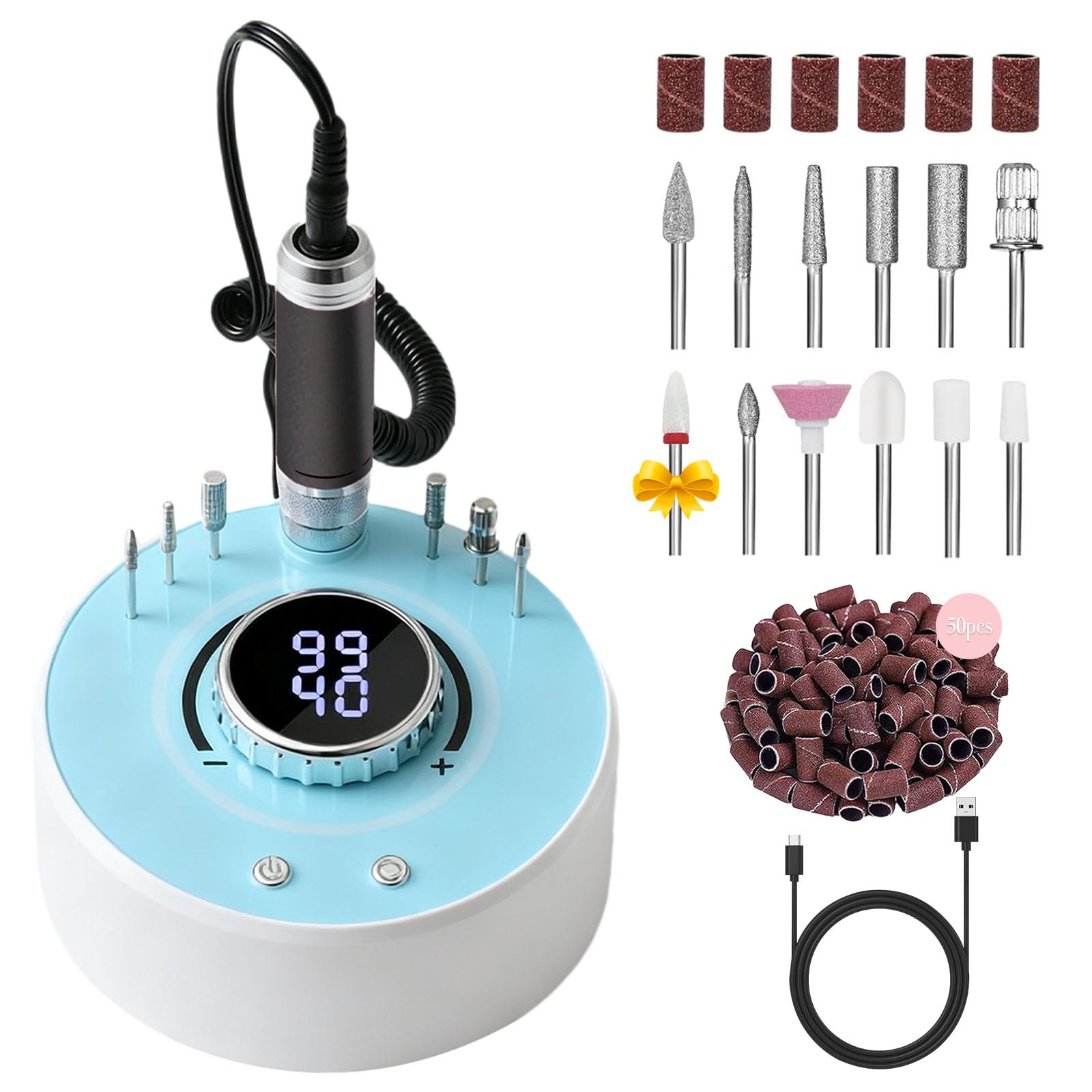 Qinvone Nagelfräser Elektrisch 40000 U/min – Bürstenlosem Motor Professionelle Elektrische Nagelfeile für Gelnägel, Maniküre Pediküre Set mit 12 Aufsätzen, Nagelfräser für Acryl & Naturnägel (Blau)