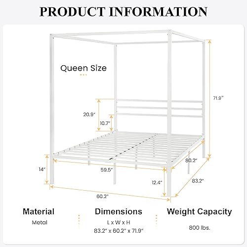 Miniatura 2 de SHA CERLIN Marco de cama con dosel de metal, base de colchón con soporte de listones de madera, no necesita somier, fácil montaje, blanco, tamaño