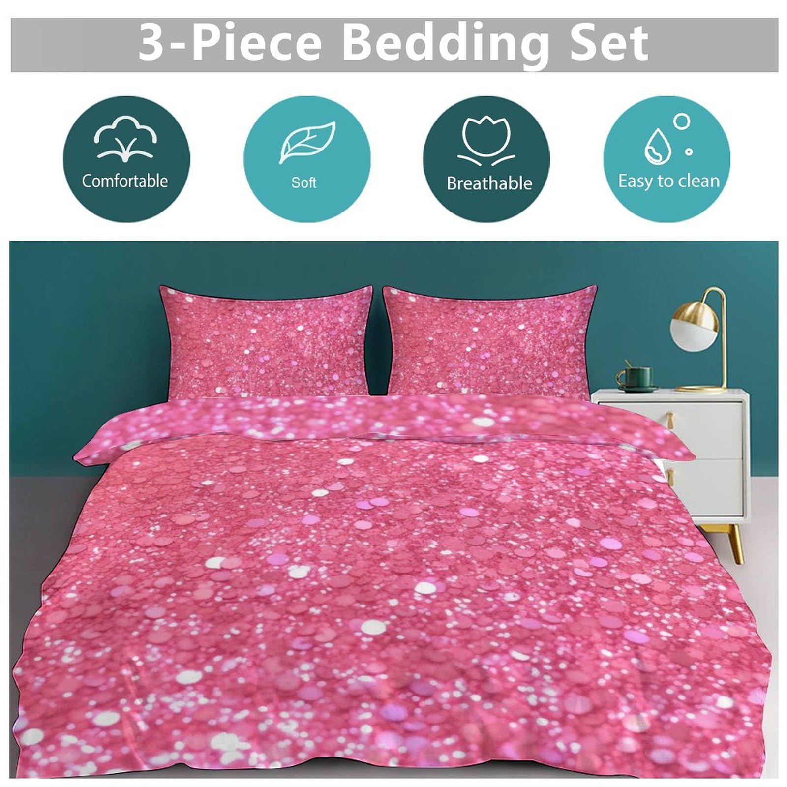 Set di biancheria da letto 3 pezzi, ultra morbido, con glitter rosa scintillante + 2 federe, leggero copripiumino double-face, per casa/hotel/regali, 218,4 x 178,8 cm