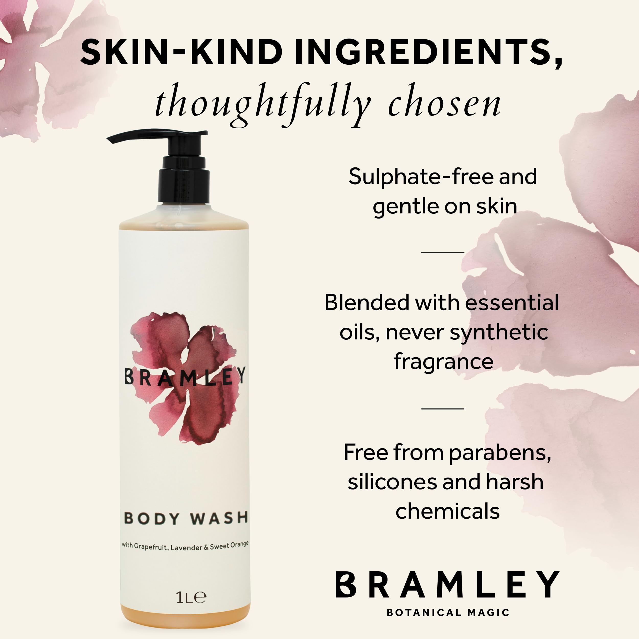 BRAMLEY - Bagnoschiuma da 1 litro, olio essenziale di pompelmo, lavanda e arancia dolce, rinfrescante, fragranza naturale al 100%, ricarica bagnoschiuma, formato famiglia, Green living