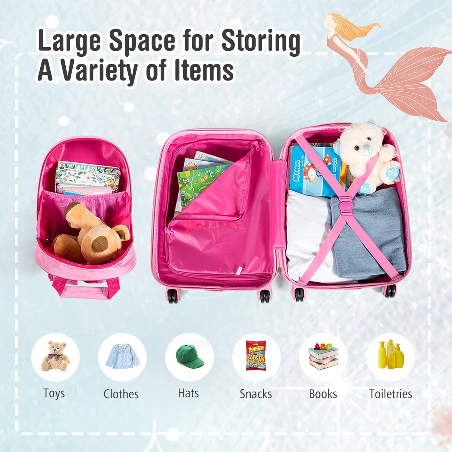 Olakids Kid Luggage Set, 12’’ Travel Backpack and 18’’ Carry on Suitcase with Rolling Spinner Wheels for Boys Girls, 2 Pcs Trolley Case Children Gift for Toddlers (Princess)