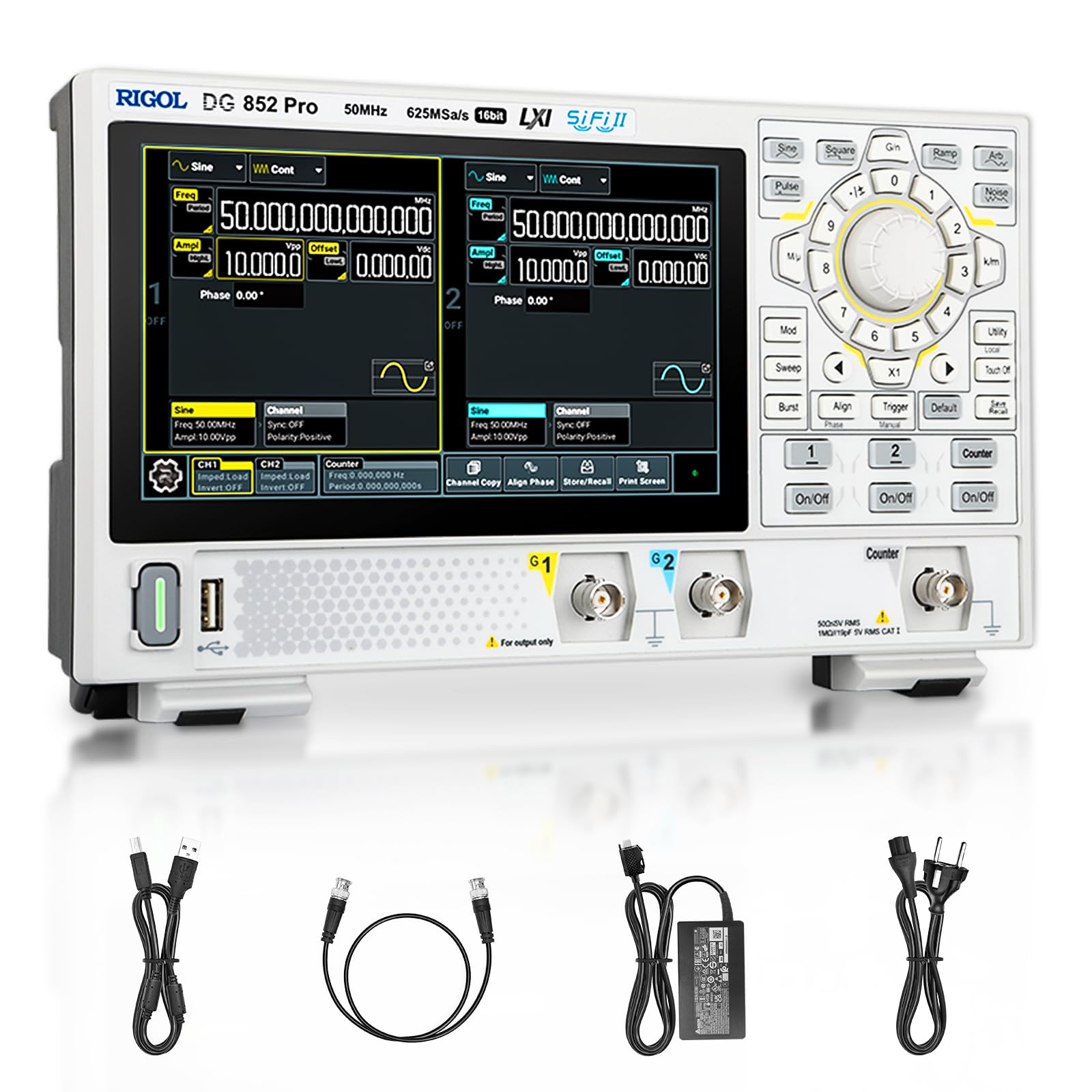 RIGOL Generatore di Segnale,DG852 Pro Generatore di Funzioni,50 MHz,2 Canale,Risoluzione a 16 bit,Schermo touchscreen HD da 7",Ultra-portatile,Perfetto per test sul campo e didattica in laboratorio