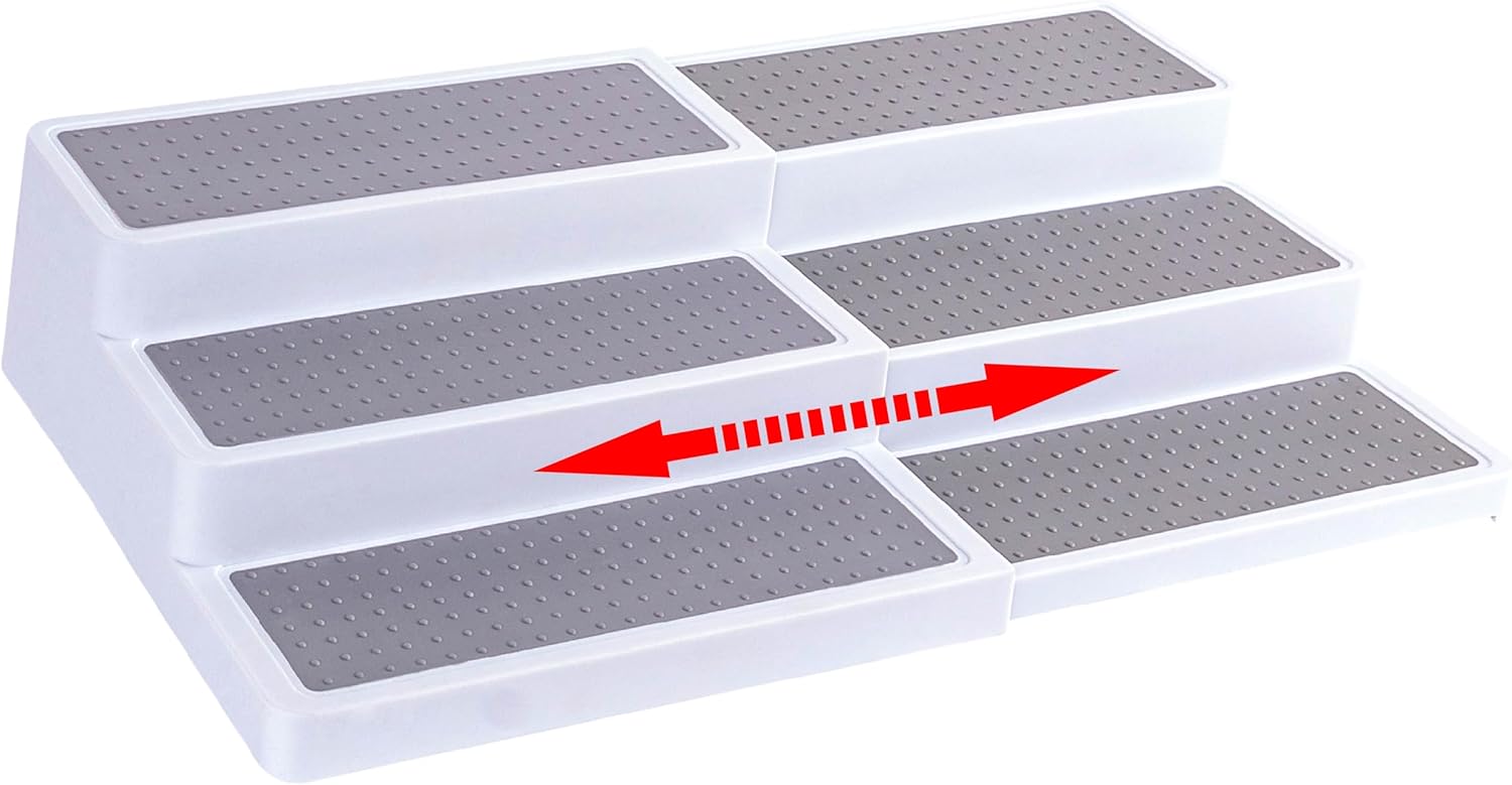 Oizeir 3–Tier Expandable Plastic Spice Rack – Adjustable Length, Stability with Non-Skid Shelf, Three Tiers for Easy Visibility, Organizer for Kitchen Cabinet, Pantry or Countertop, White/Grey