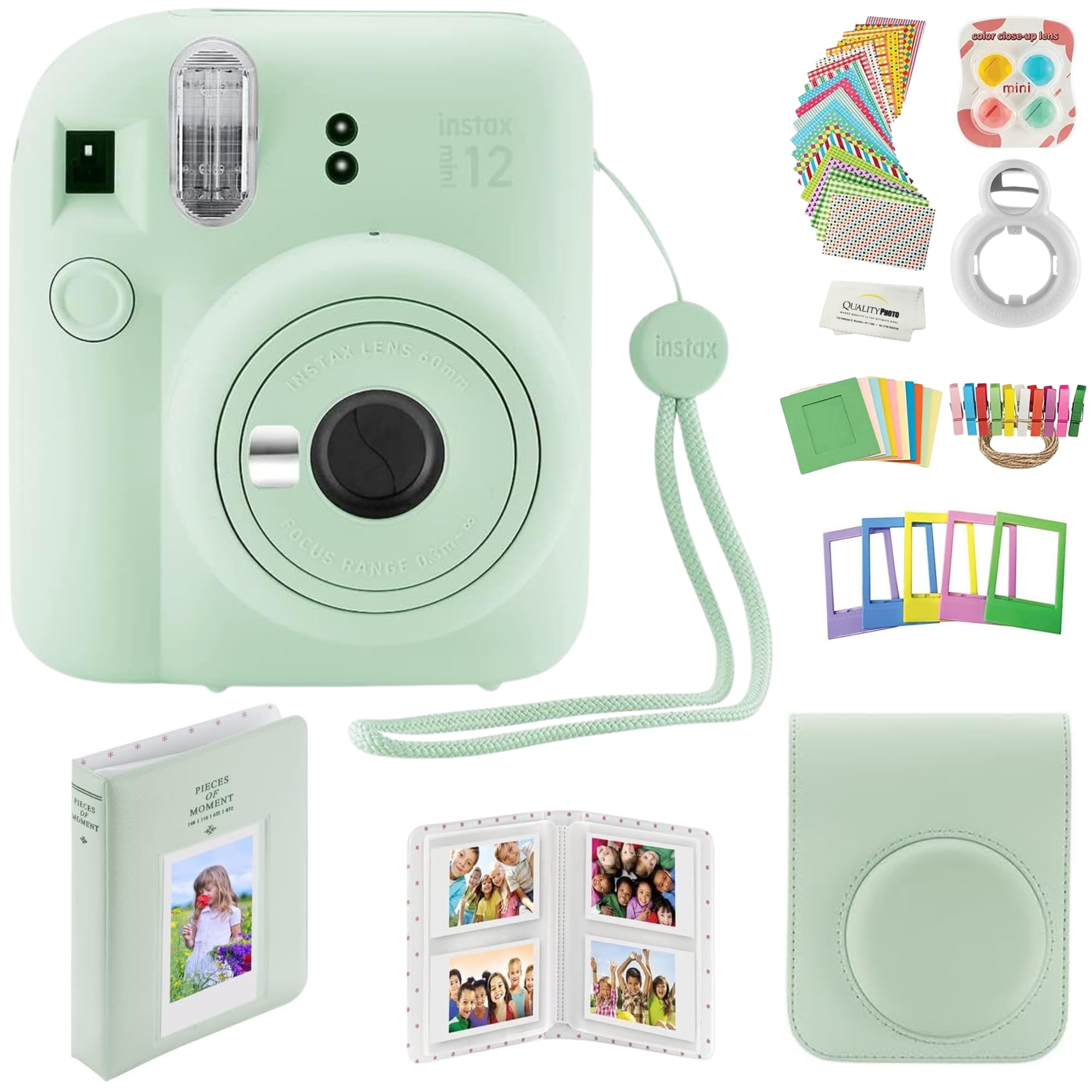 Fujifilm Instax Mini 12 Instant Camera with Case, Decoration Stickers, Frames, Photo Album and More Accessory kit (Mint Green)