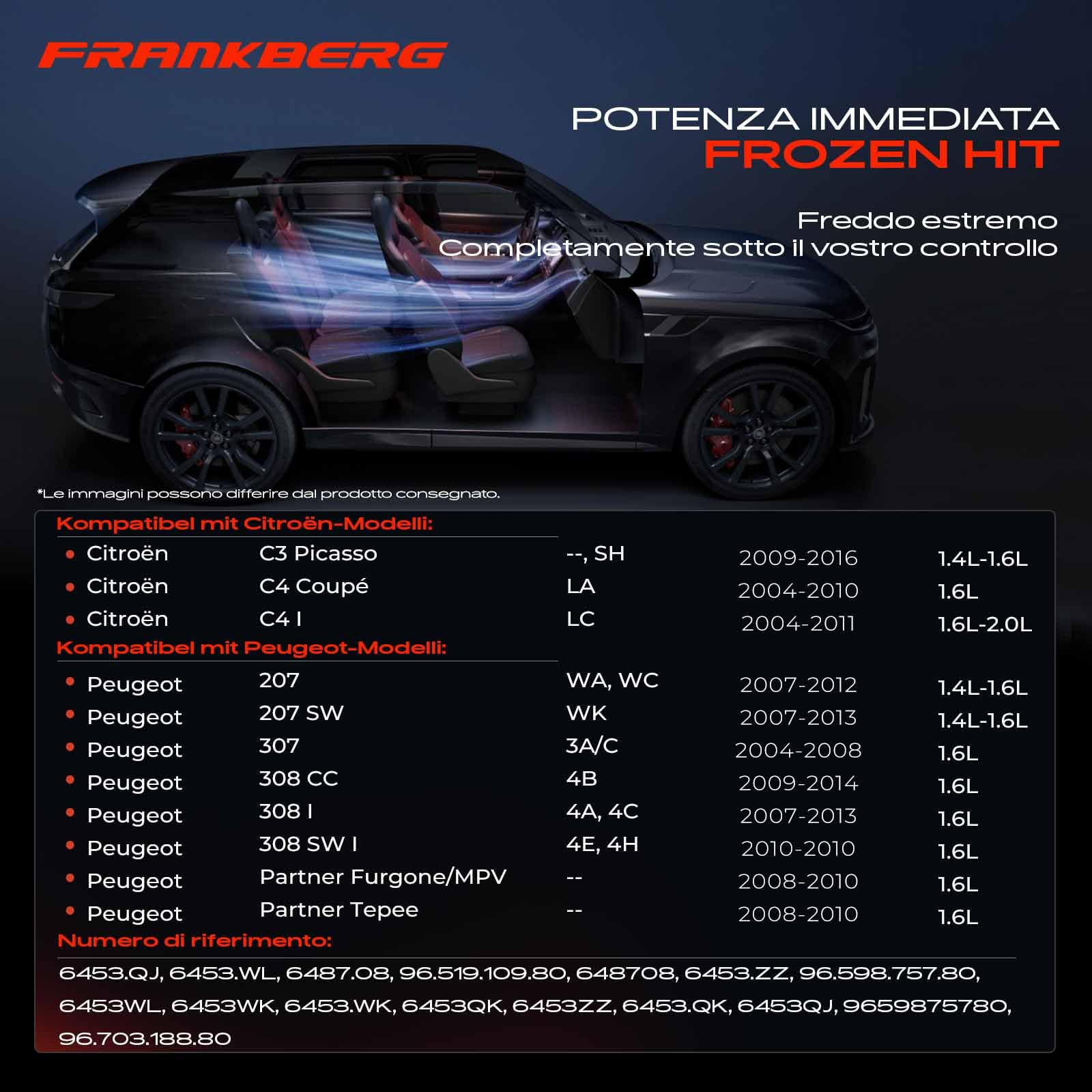 Frankberg Compressore dell'aria condizionata con frizione Compatibile con 207 WA WC WD WK 307 3A/C 3E 3B 3H Berlingo B9 C3 SC SH 308 4B 4A 4C 4E 4H C4 LA LC UA 9659875780, con l'olio preconfezionato