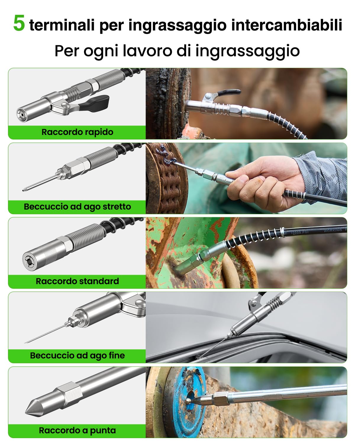 TaskStar Ingrassatore Manuale 8000 PSI, Tubo Flessibile 45cm, 5 raccordi | Capacità 400cc, Raccordo a sgancio rapido, Compatibile Cartucce e Grasso Sfuso, per Auto, Macchinari Agricoli e Officina