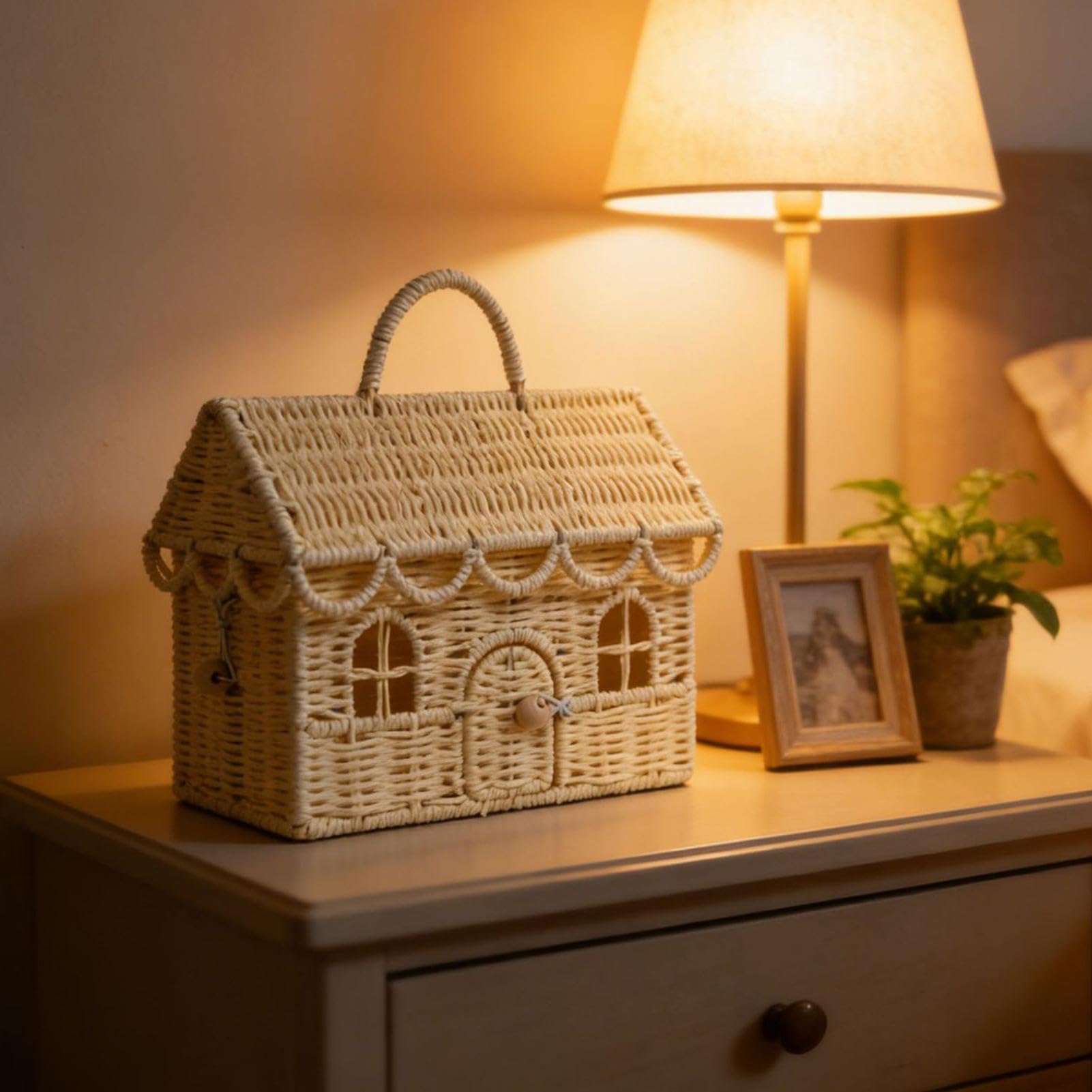 Cesto portaoggetti intrecciato a forma di casa con coperchio, ideale per casa, matrimonio, cucina, camera da letto, cameretta dei bambini e fattoria