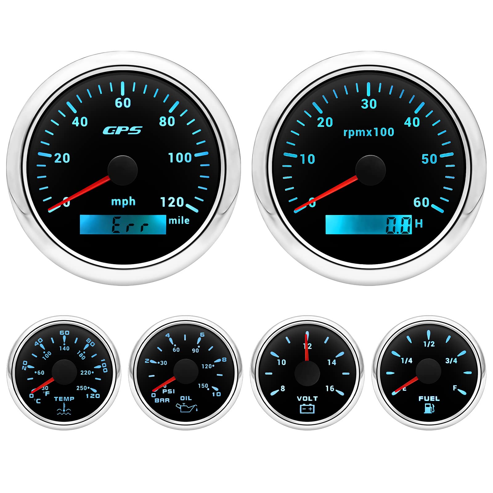 6 Gauge Set-85mm GPS Speedometer 120MPH, Tachometer, 52mm Fuel Level, Water Temperature, Oil Pressure, Voltage 7 Color Boat Gauges Kit for Marine AUTO (Black)
