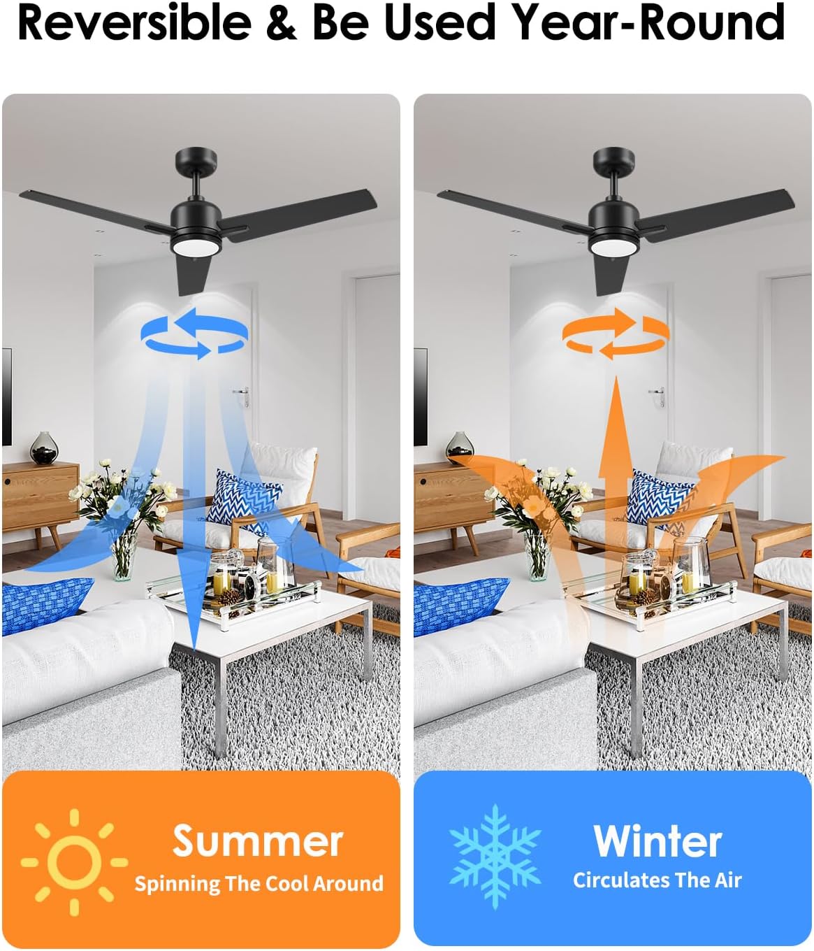 Newday 52 inch Ceiling Fans with Lights and Remote, Black 3 Blade Outdoor Fans for Patios -Dimmable Indoor DC Motor, 6 Speed, Quiet Noiseless, 3 CCT, Reversible, High CFM