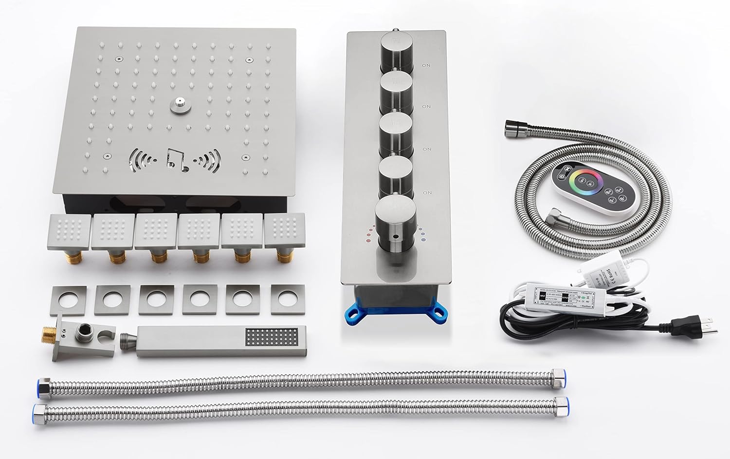 Cascada Luxury 12” Music LED shower system with built-in Bluetooth Speakers, 4 functions (Rainfall, Misty, Body jets & HandShower) (Polished Stainless Steel)