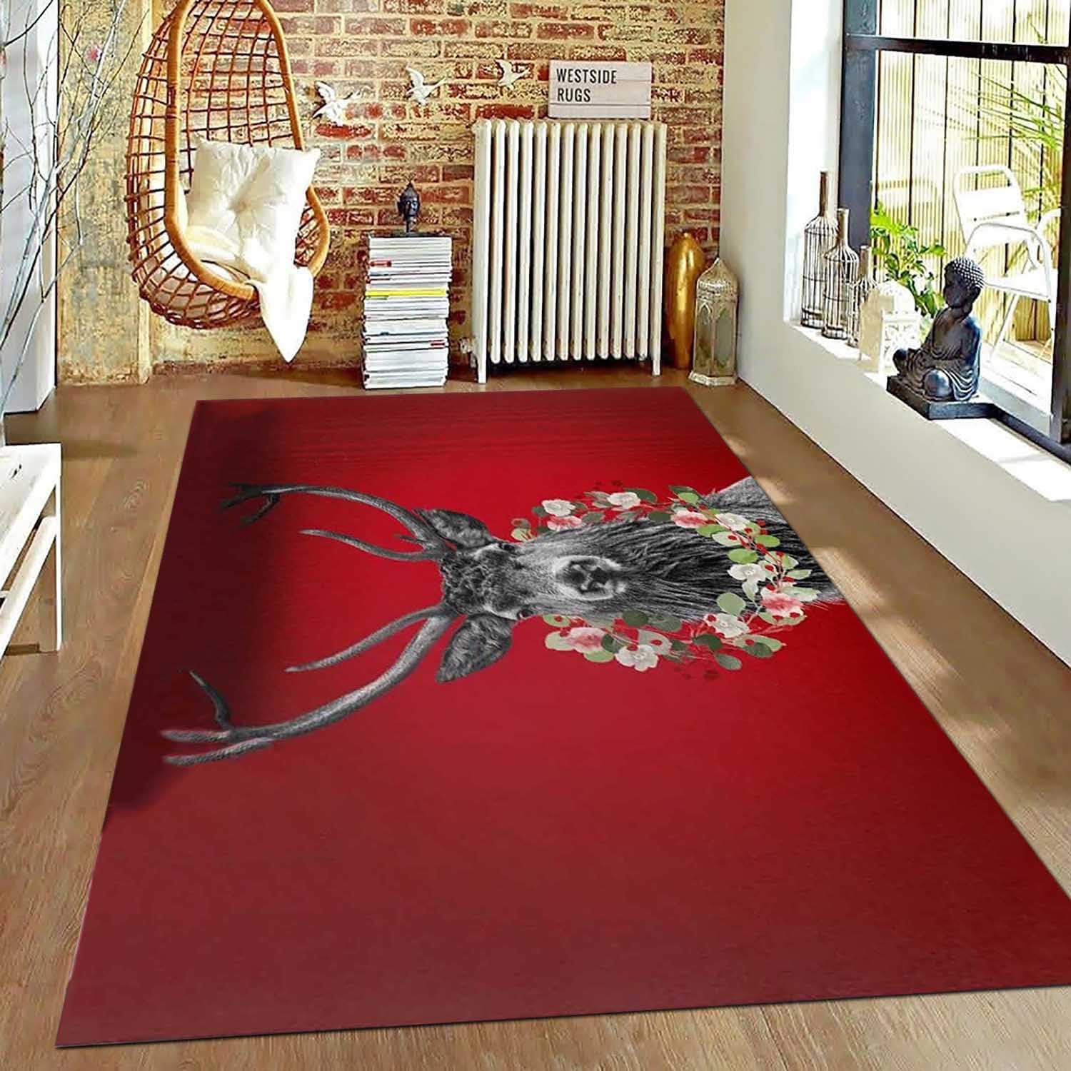 Alfombra de Navidad con Patrón de Alce, Grande Alfombras Lavables Salon de Navidad, Alfombras Comedor Decorativa, Alfombra Antideslizante Cocina Navideño, Alfombra Roja de Navidad,140x200cm