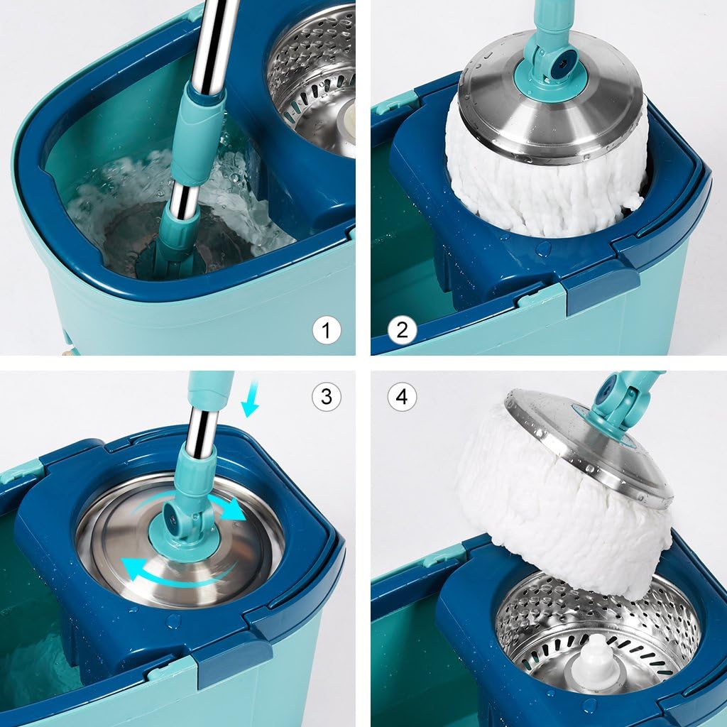 Finether Stainless Steel 360 Spin Mop and Bucket System, Easy-Wringing Wet Dry Mop for Home Hard Floor Wood Laminate Tile Window (1 Telescoping Handle + 1 Bucket with Wringer + 3 Microfiber Mop Heads)