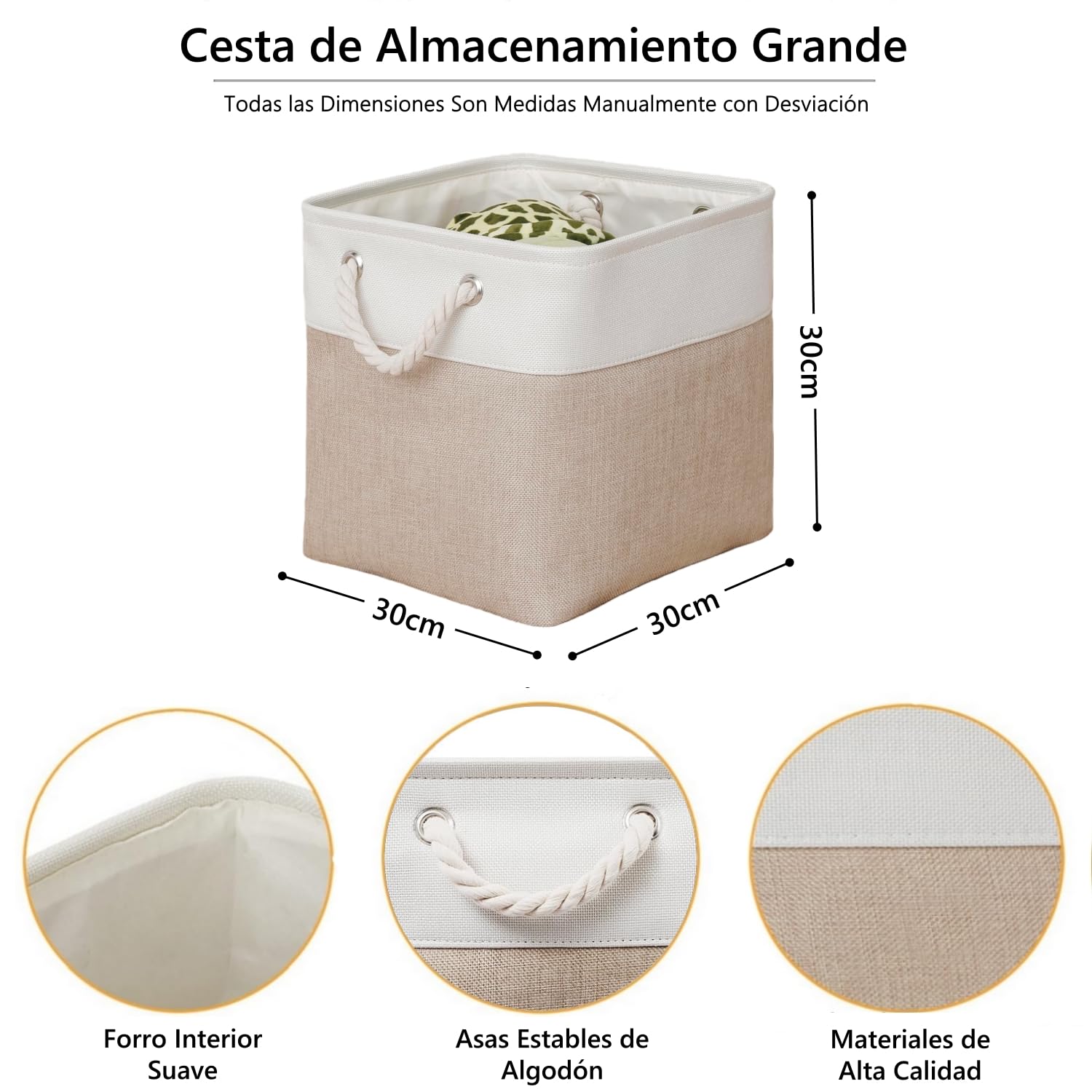 Juego de 6 cajas de almacenamiento cúbicas 30x30 cm de tela, con asas de cuerda de algodón, para organizar ropa, habitación infantil y hogar (Caqui/Blanco)