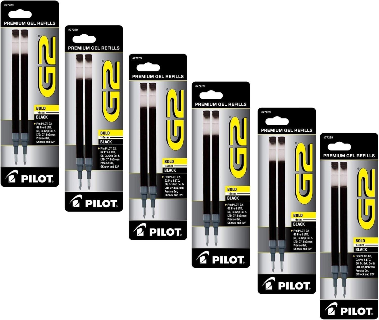 Value Pack of 6, PILOT G2 Roller Ball Ink Refills, Bold, Black, 6 Packs = 12 Refills, (77289)