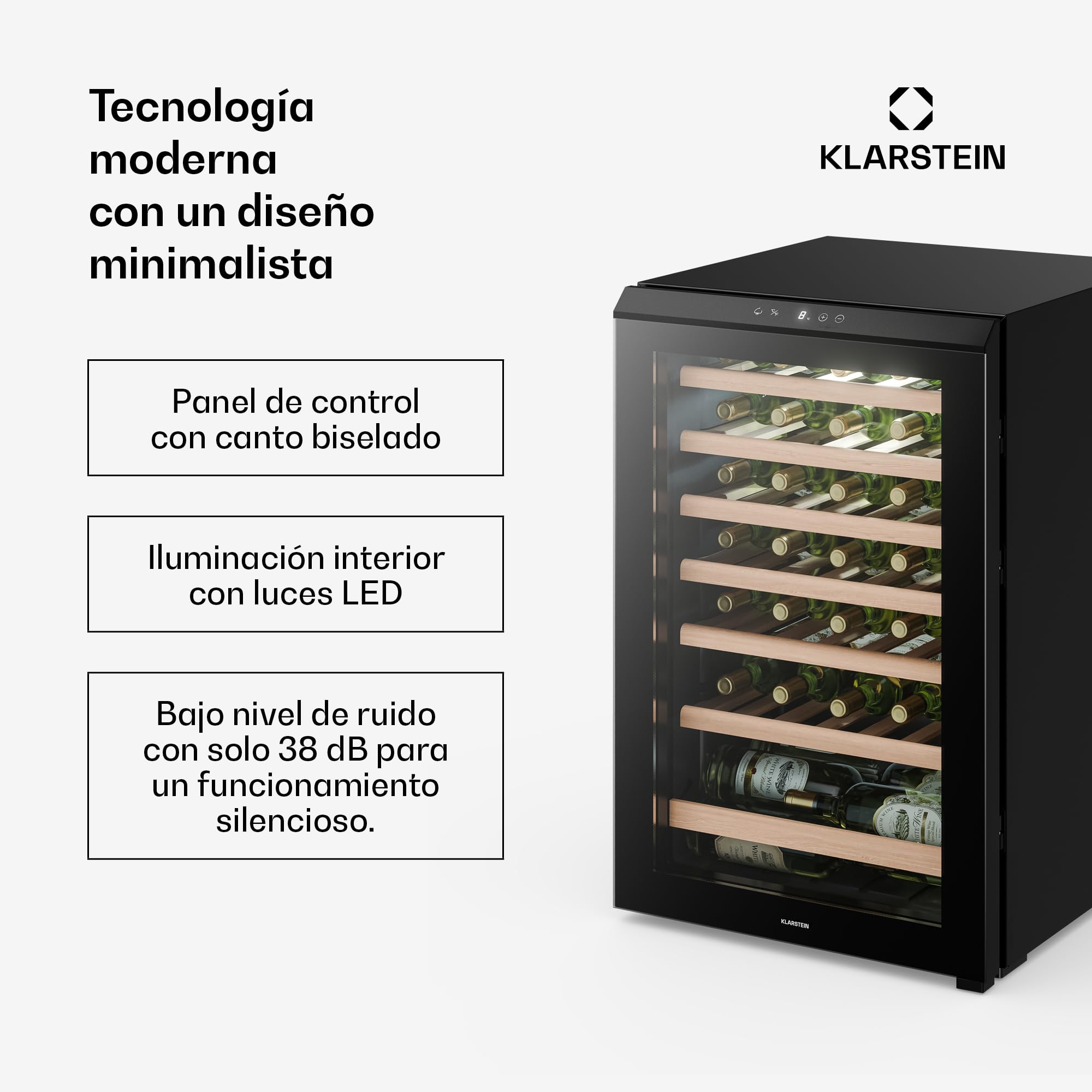 KLARSTEIN Bevora Frigorífico 48 botellas – Enfriador de vino independiente, controles táctiles 4-18 °C, puerta de cristal UV, luz LED, estantes de madera