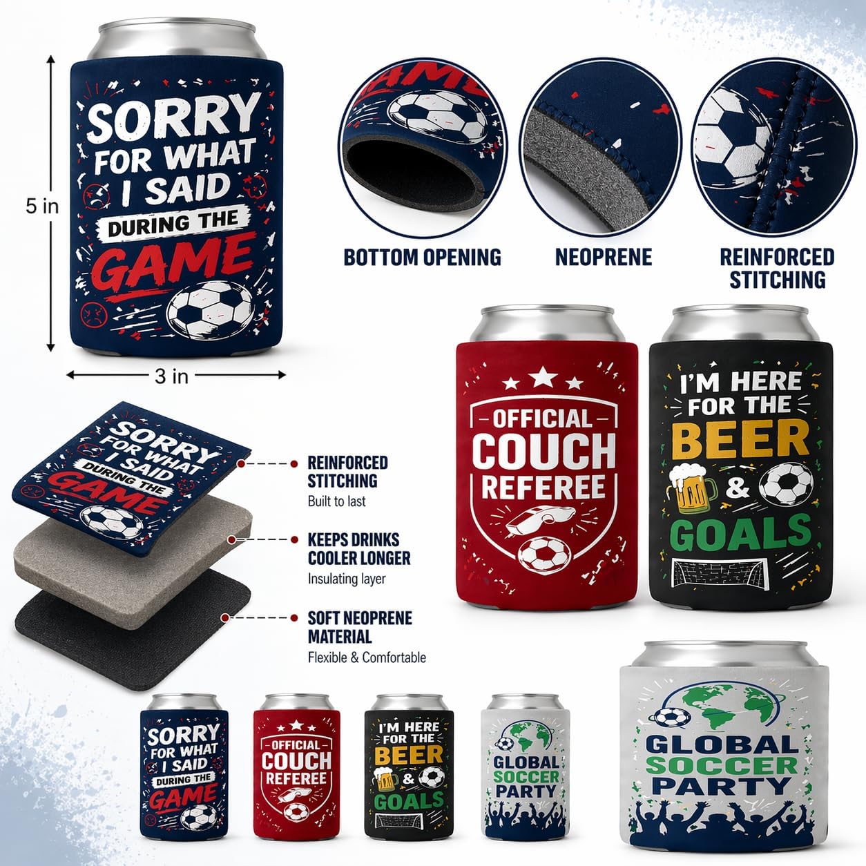 2026 World Soccer Celebration Theme Can Cooler,World Drink Insulators for Soccer Fans,Beer Sleeve Bulk for Watch Parties,Tailgates,BBQs,and Sports Events (500, Funny slogans for watching football)