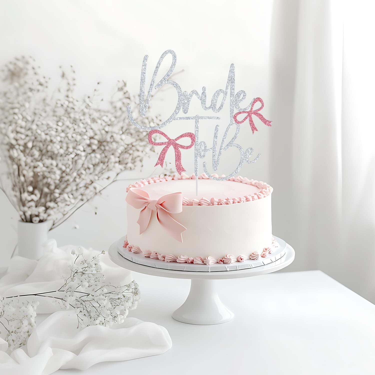 Bow Bride to Be Cake Topper, Tying the Knot Bride Bach Decor, Just Married, Bridal Shower Wedding Engagement Bachelorette Party Decorations, Silver and Pink Glitter thumbnail