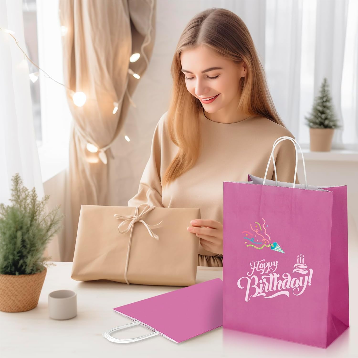 Oikss 100 Pack 10x5x13 Fuchsia Hot Pink Kraft Paper Bags with Handles Bulk for Birthday Party Favors Grocery Retail Shopping Business Goody Recycled Craft Gift Bags (Large Size, 100 Count)