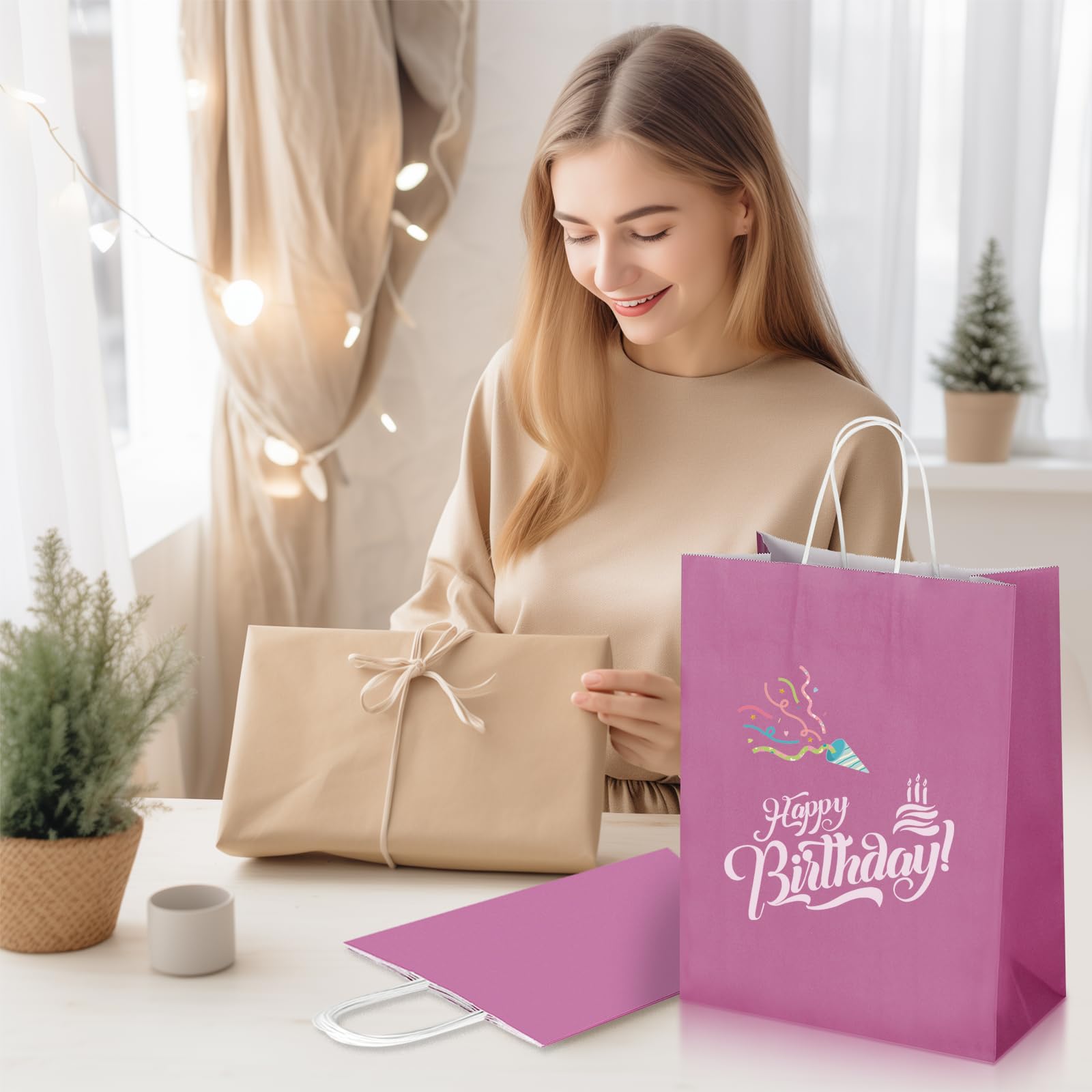 Oikss Confezione da 50 sacchetti regalo grandi in carta naturale con manici, 25 x 12 x 33 cm, sacchetti in carta kraft per feste di compleanno, generi alimentari, shopping, affari, sacchetti