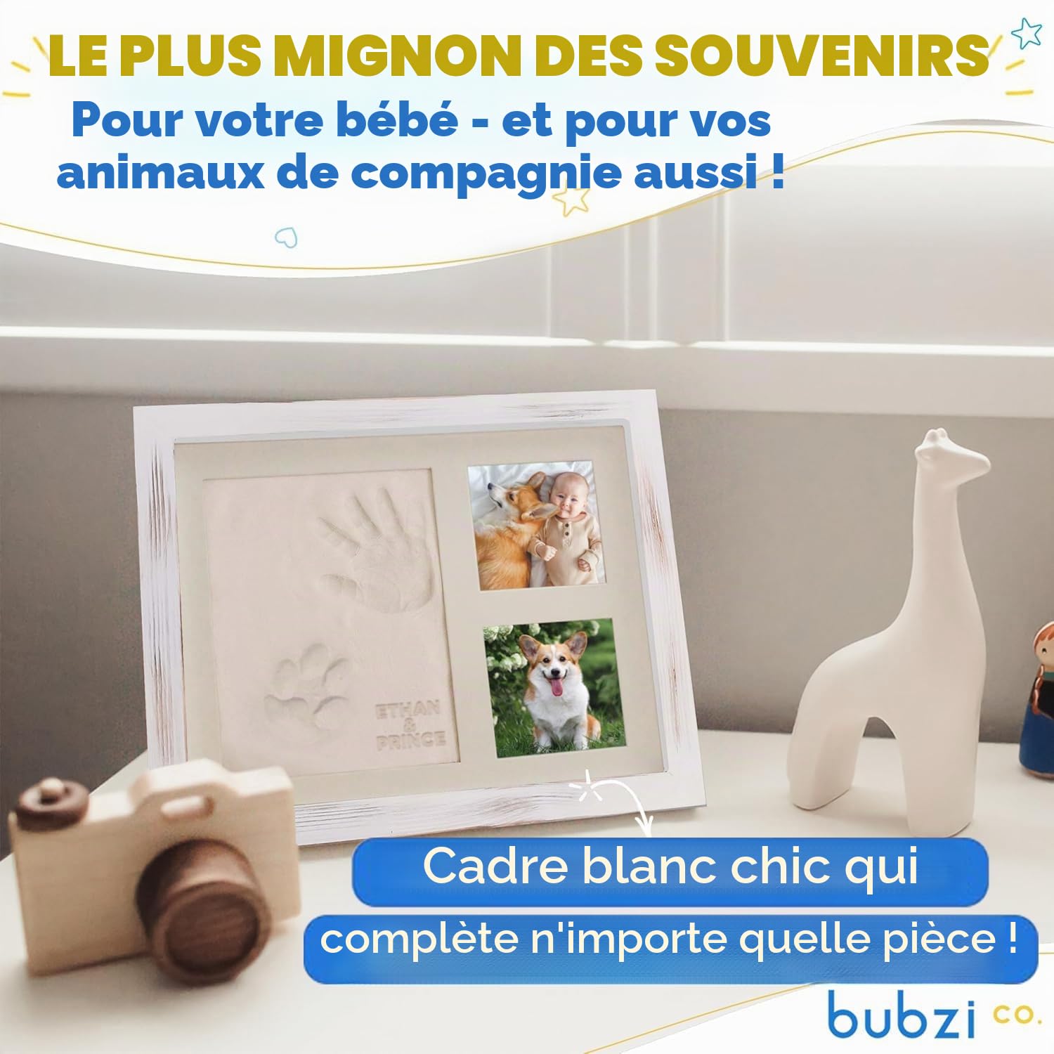 Bubzi Co Empreint Bébé Cadeau Bebe Garcon Platre Bebe, Argile Blanche Non Toxique, Souvenir Personnalisé Pour Décoration Chambre Bébé