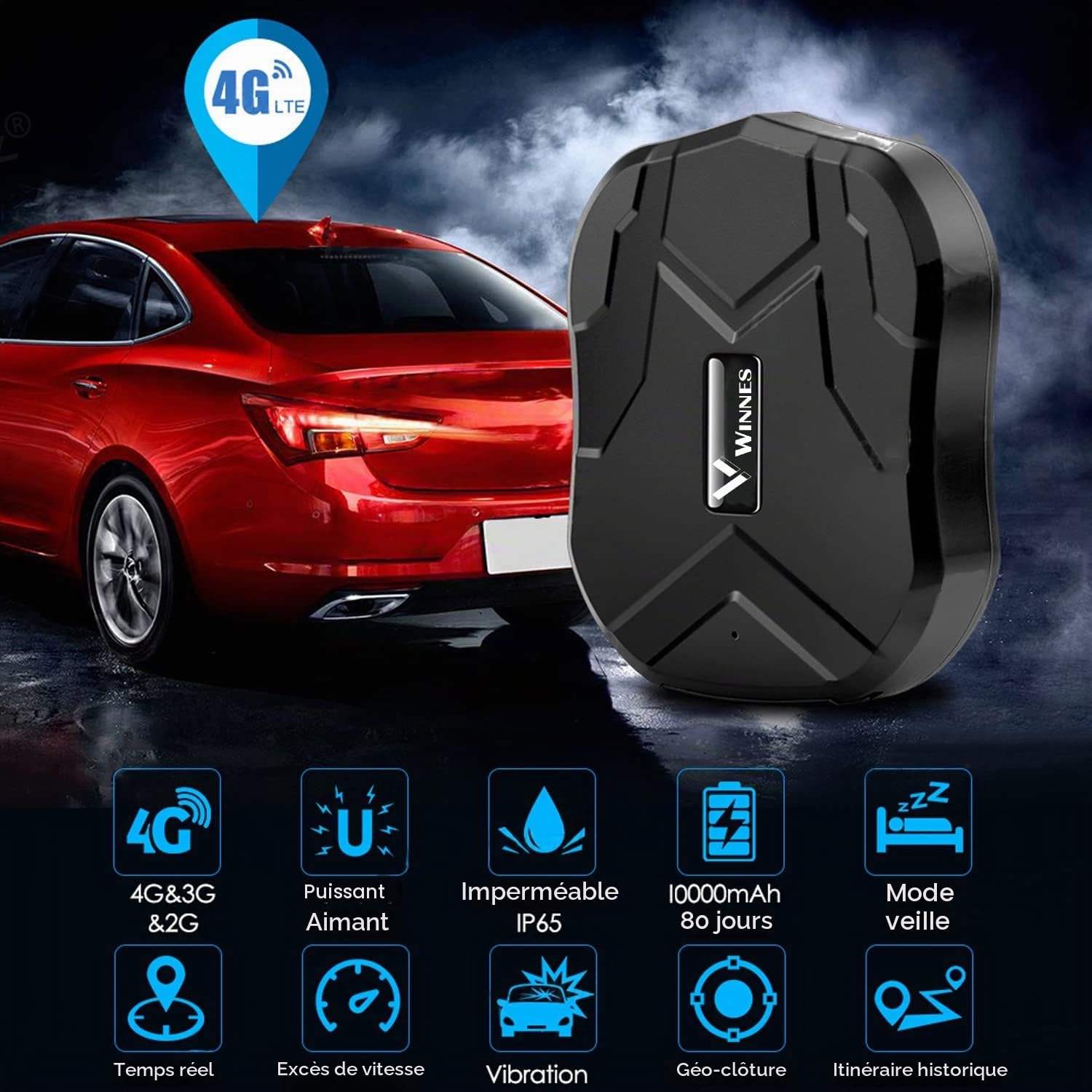 4G Traceur GPS Sans Abonnement LTE, TK905B Tracker GPS Voiture Aimanté 10000mAh, 80 Jours de Veille, Suivi en Temps Réel Précis, Étanche IP58, Adapté pour Voiture Moto Bateau Camion Flotte Camping-Car