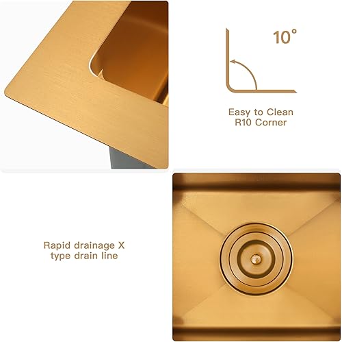 Miniatura 4 de Fregadero de barra dorada, fregadero de cocina dorado de 15 pulgadas, fregadero de cocina pequeño de 15 x 15 x 9 pulgadas, fregaderos de cocina