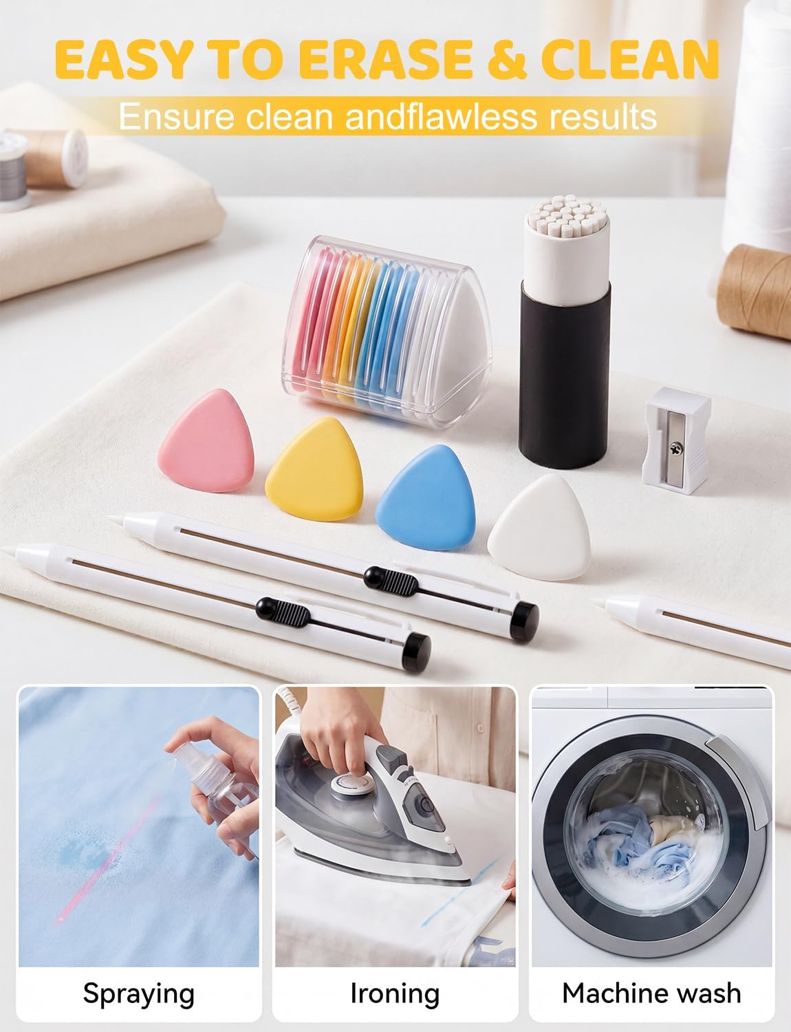 39Pcs Tailors Chalk and Fabric Pencil Set for Sewing, Includes 3 Sewing Fabric Pen, 25 Refill, 1 Sharpener, 10 Triangle Sewing Chalks, Professional Fabric Marking Tools for Quilting & Tailoring