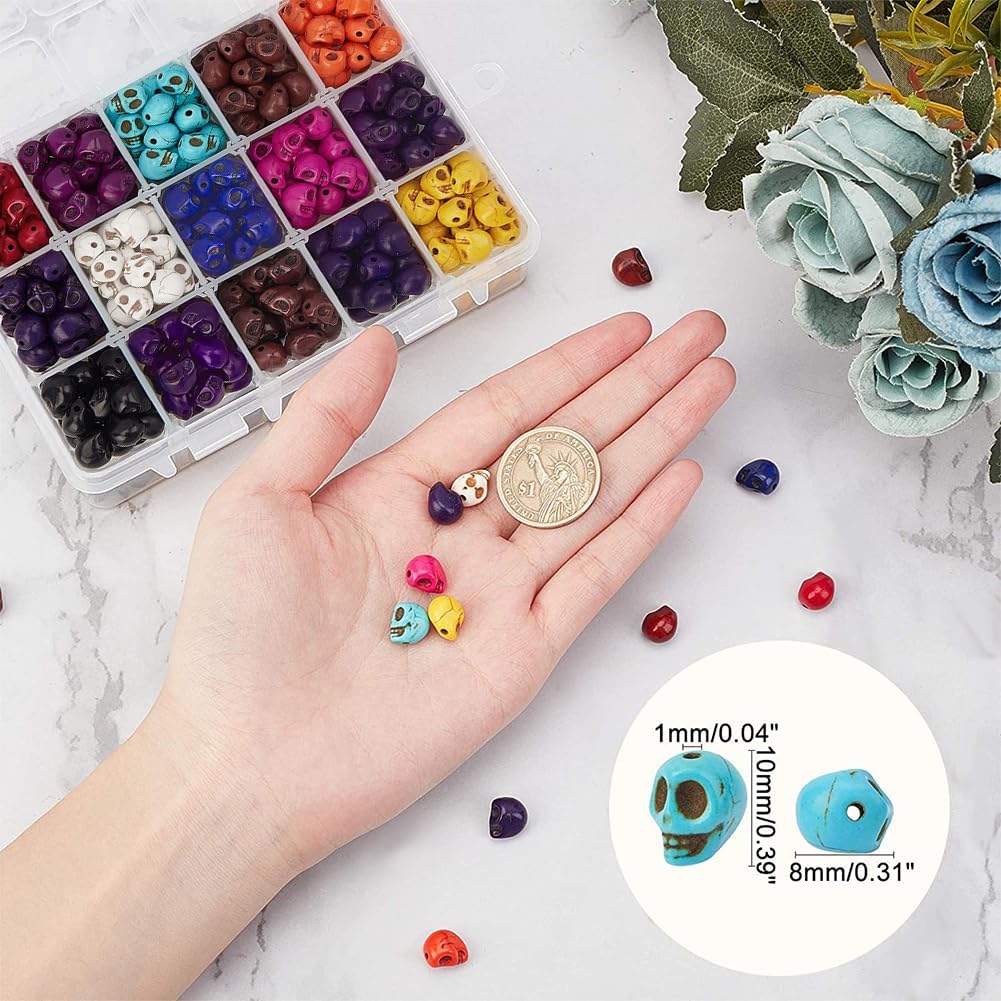 AHANDMAKER 8mm Skull Beads, 300 Pcs 15 Colors Dyed Synthetic Turquoise Beads, Charms Skull Head Beads for Crafting, Jewelry Making Accessory image 2