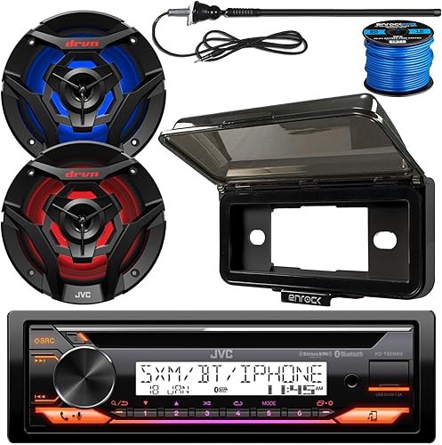 Paquete de receptor de reproductor de CD de radio USB AUX AMFM con Bluetooth marino DIN único con 2 altavoces de audio de barco negro de 6.5 260 W