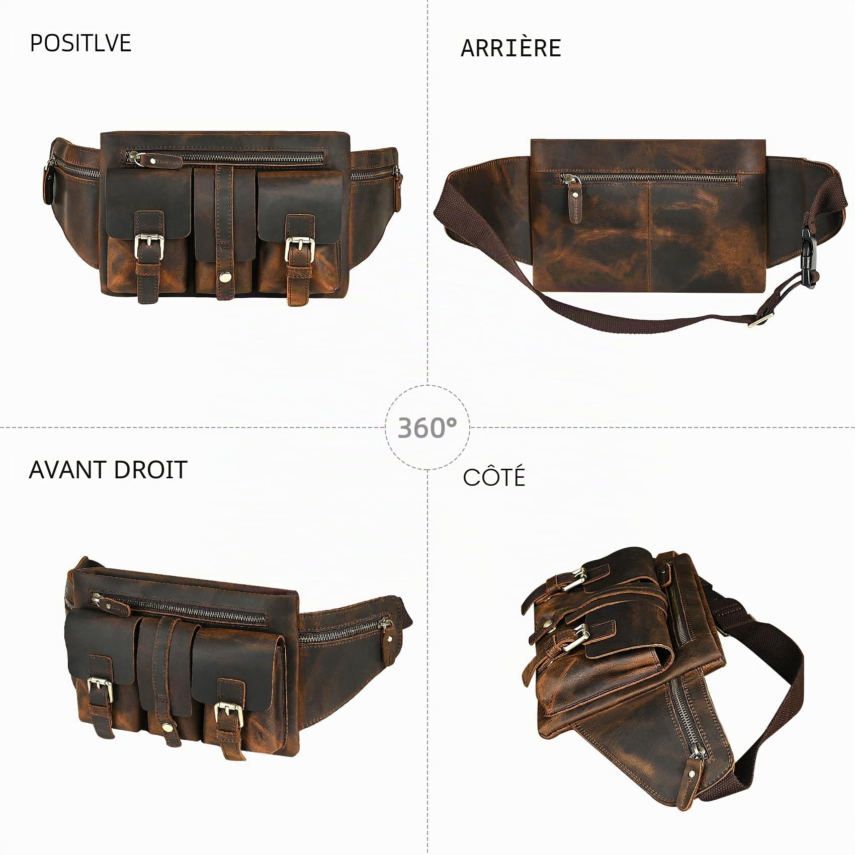 Épais Crazy Horse en Cuir Randonnée Équitation Voyage en Plein Air Ceinture Fanny Taille Pack Petit Téléphone Cigarette Poche pour Hommes Femmes 380 (381 Marron)