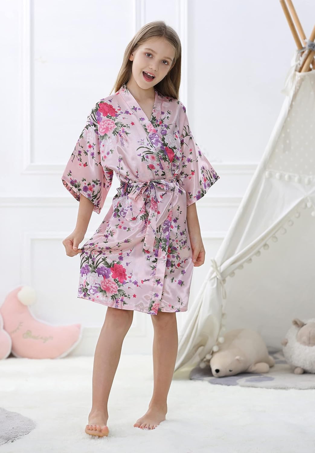 Kid Girls Silky Kimono Robes Party Set with Floral Patterns for Spa Brithday Wedding Short Robes - Image 2