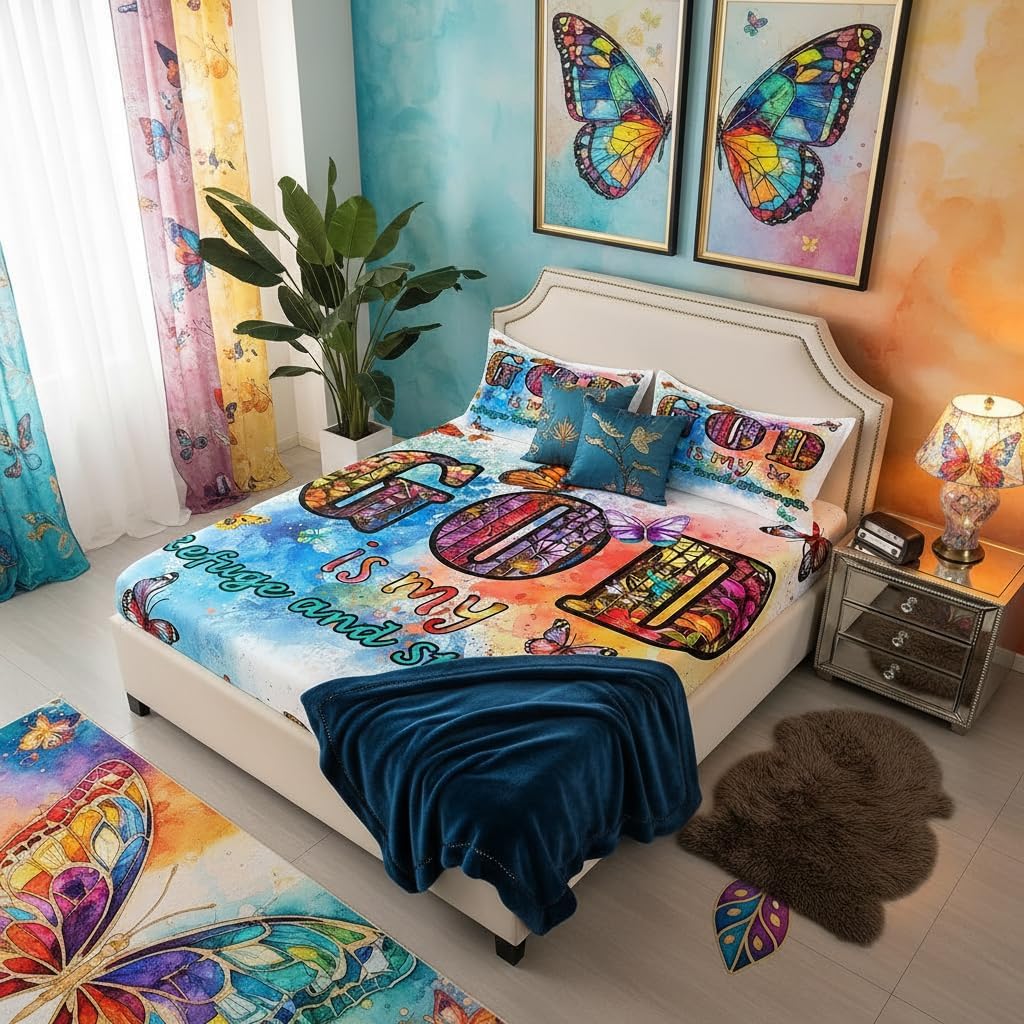 Bible Verses Christian Quotes Fitted Sheet Queen Size,Rainbow Tie Dye Bedding Set for Kids Teens Women Men Room Decor,Watercolor Butterfly Floral Bed Sheet Fashion Deep Pocket Sheet,2 Pillowcases